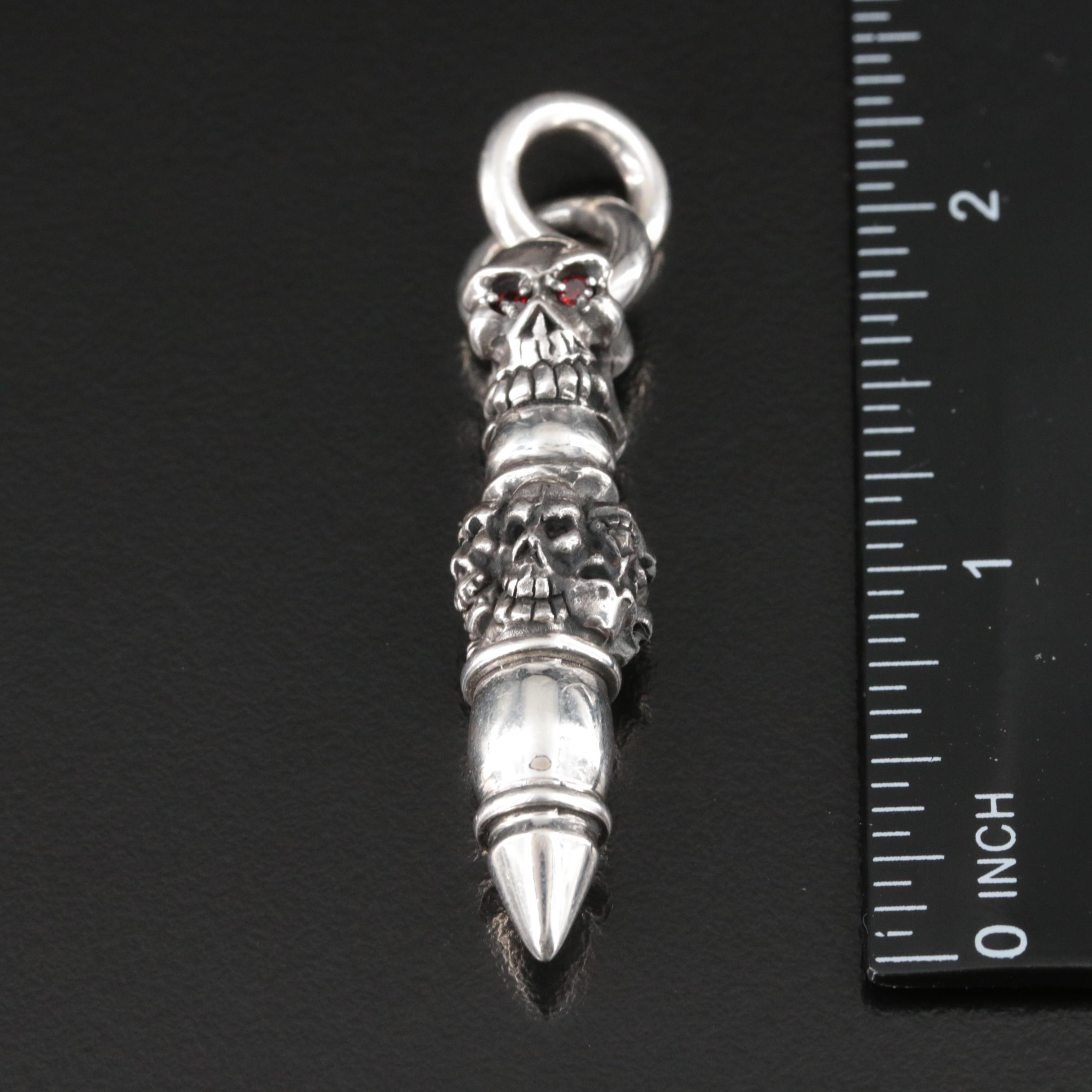 Sterling Garnet Skull Pendant