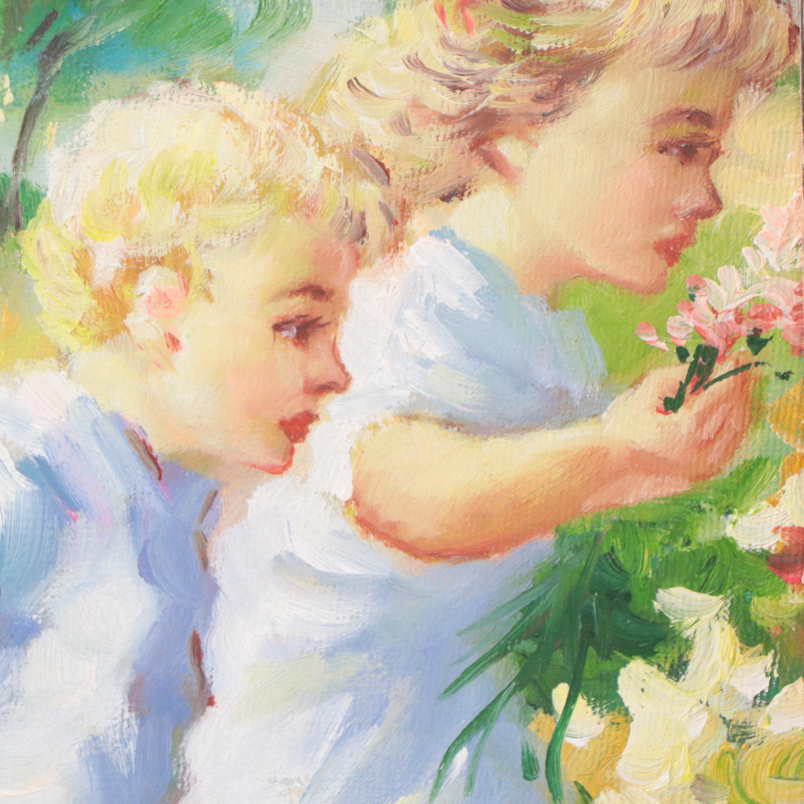 Genre Oil Painting of Children With Wagon of Flowers