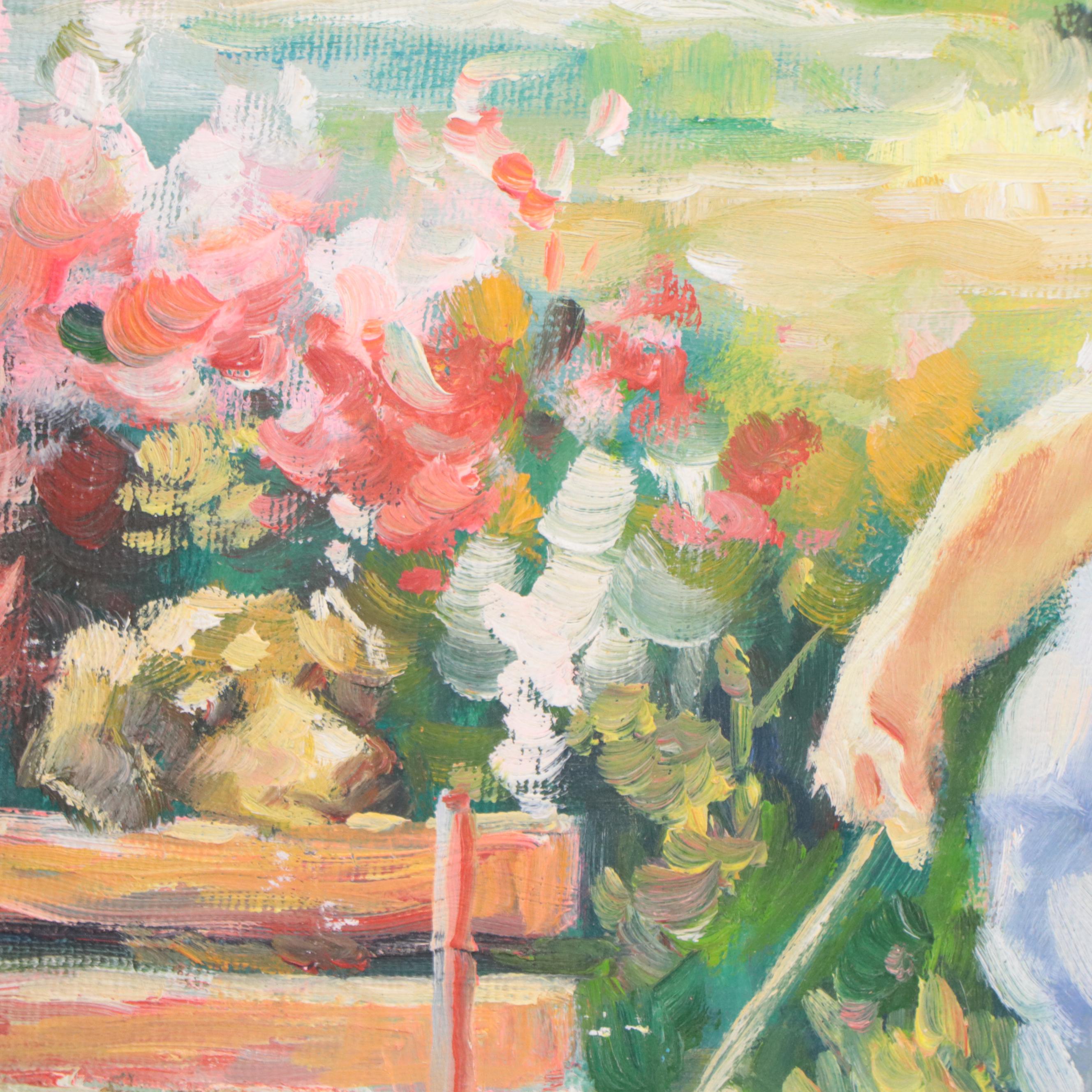 Genre Oil Painting of Children With Wagon of Flowers