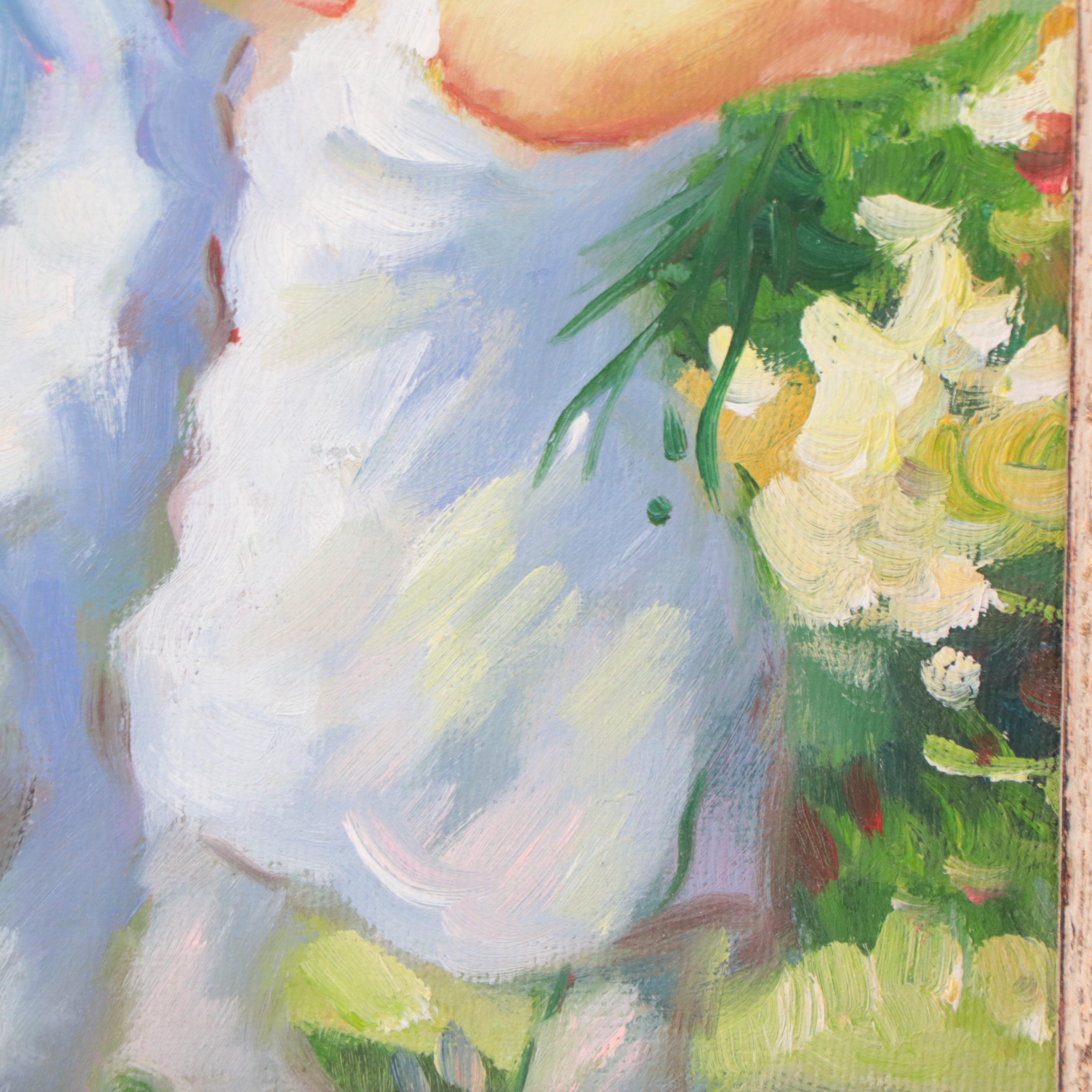 Genre Oil Painting of Children With Wagon of Flowers