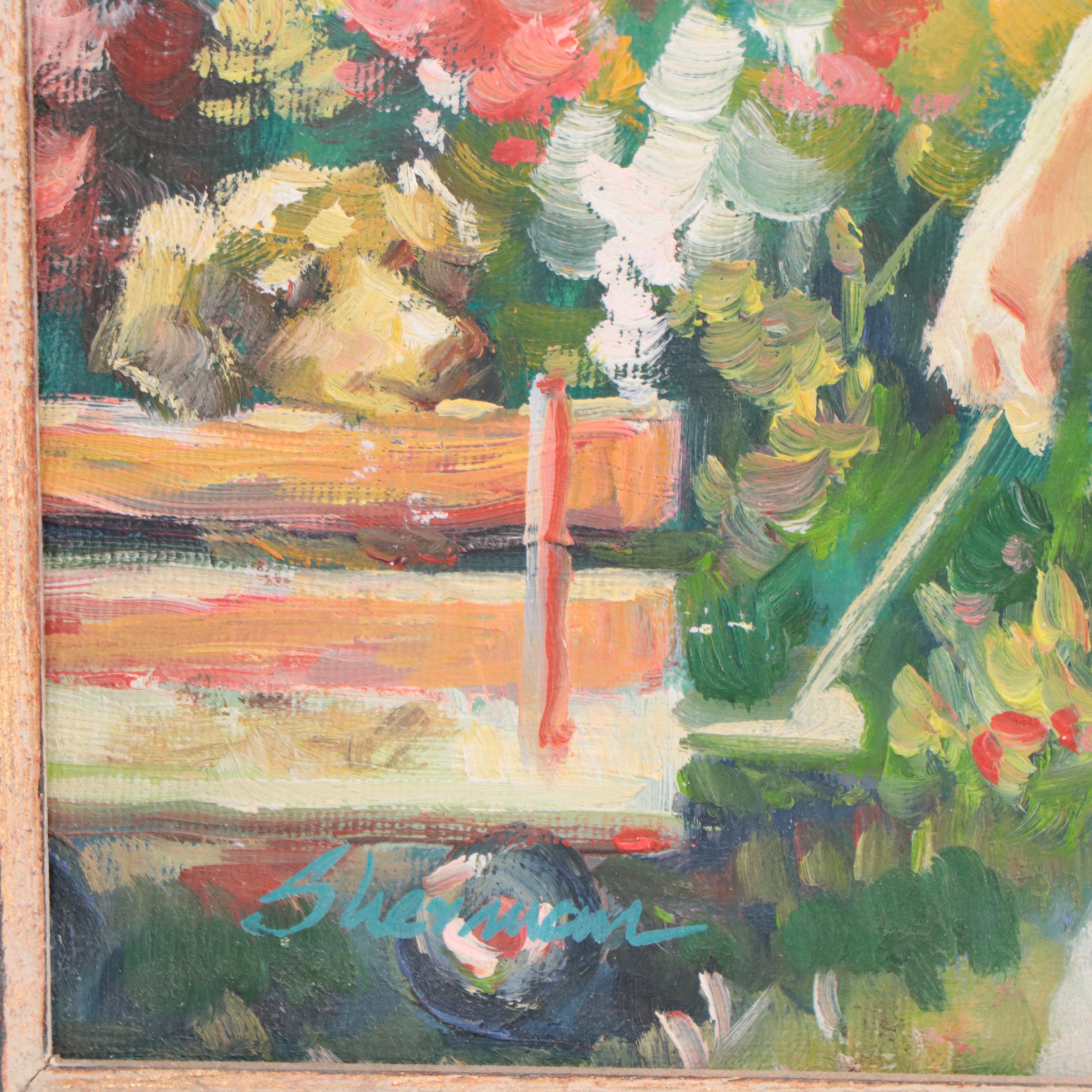 Genre Oil Painting of Children With Wagon of Flowers