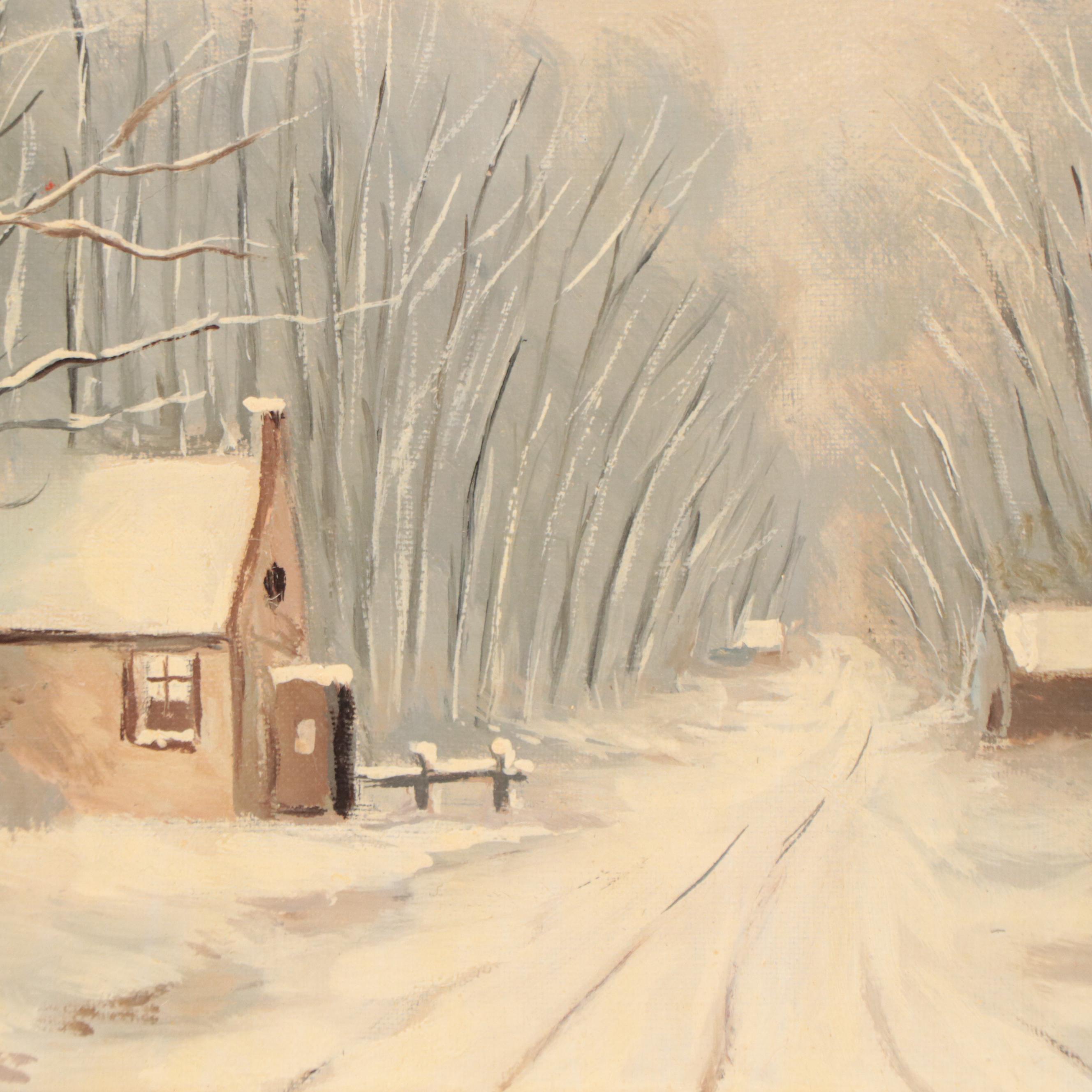 Snowy Winter Road Landscape Oil Painting, Late 20th Century