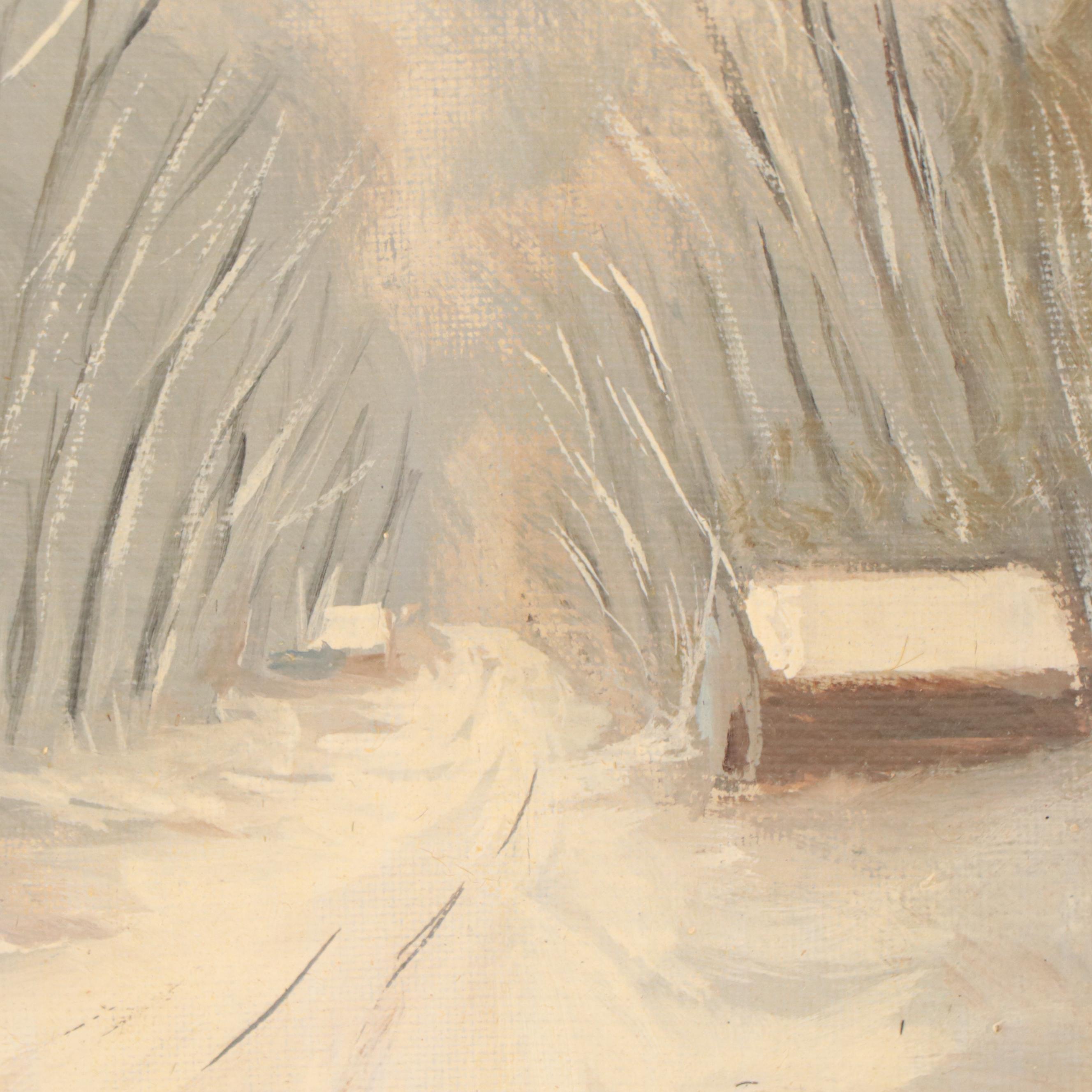Snowy Winter Road Landscape Oil Painting, Late 20th Century