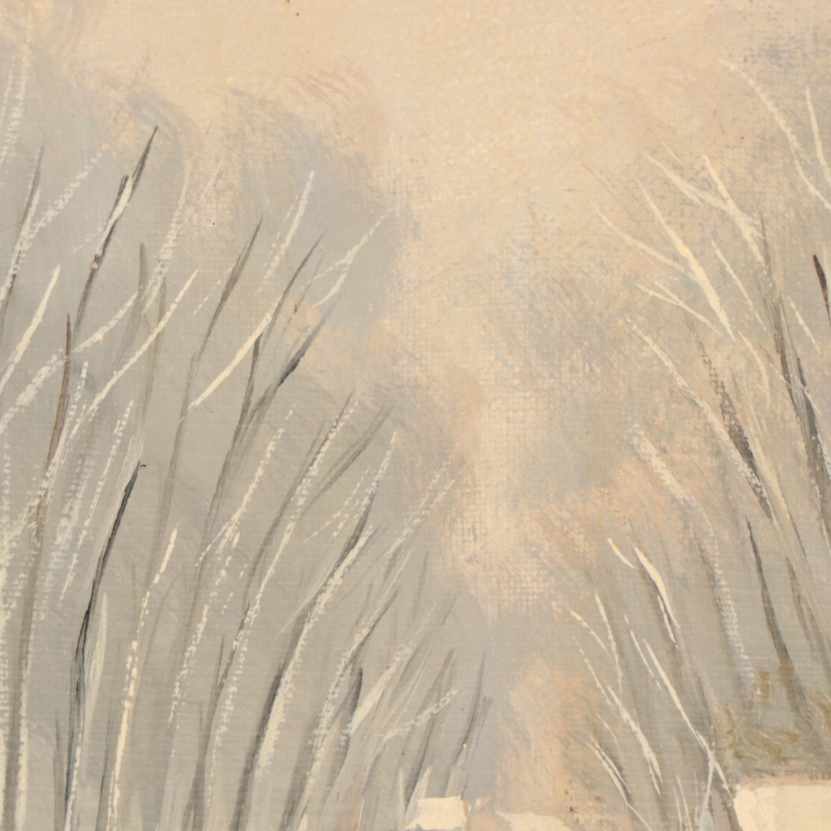 Snowy Winter Road Landscape Oil Painting, Late 20th Century