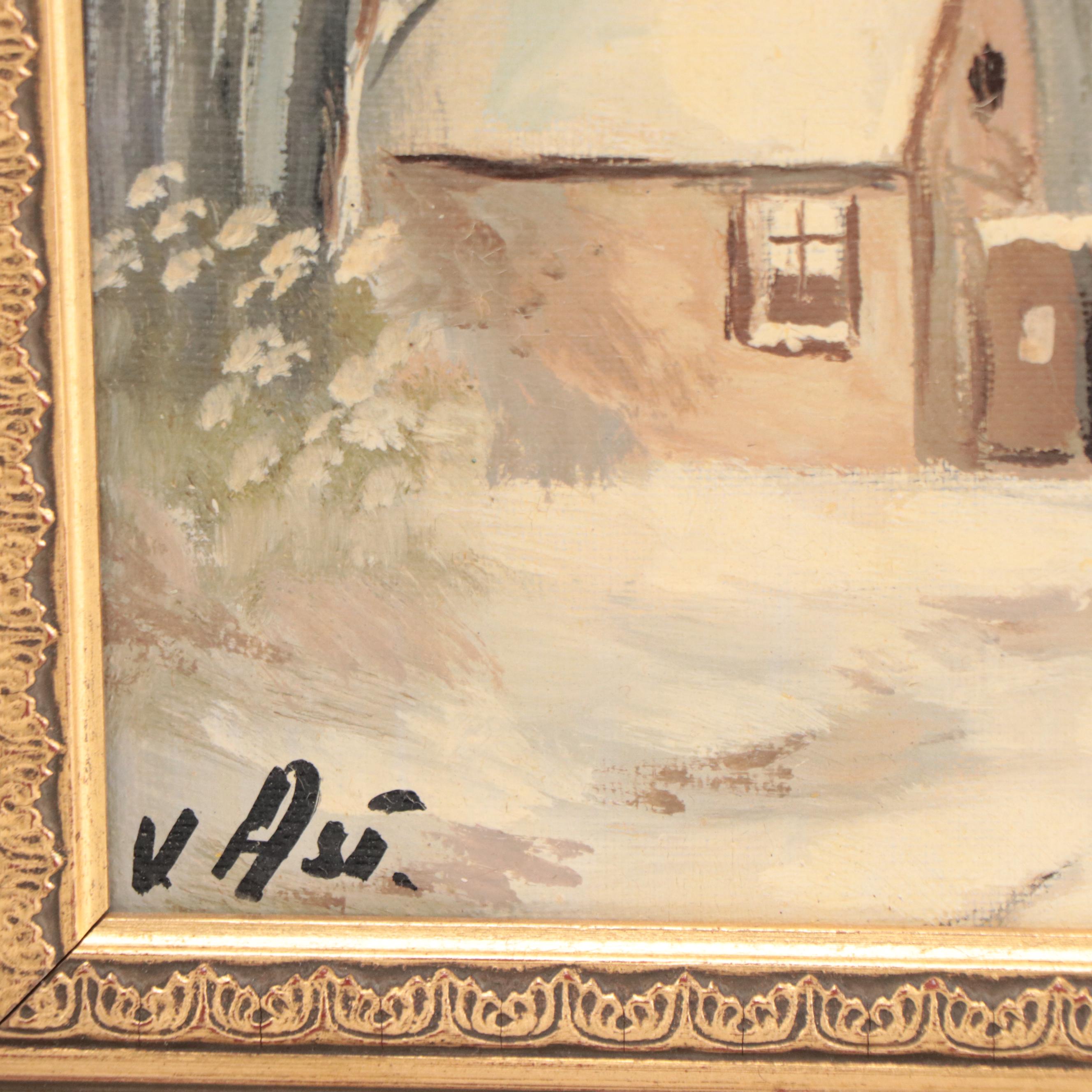 Snowy Winter Road Landscape Oil Painting, Late 20th Century