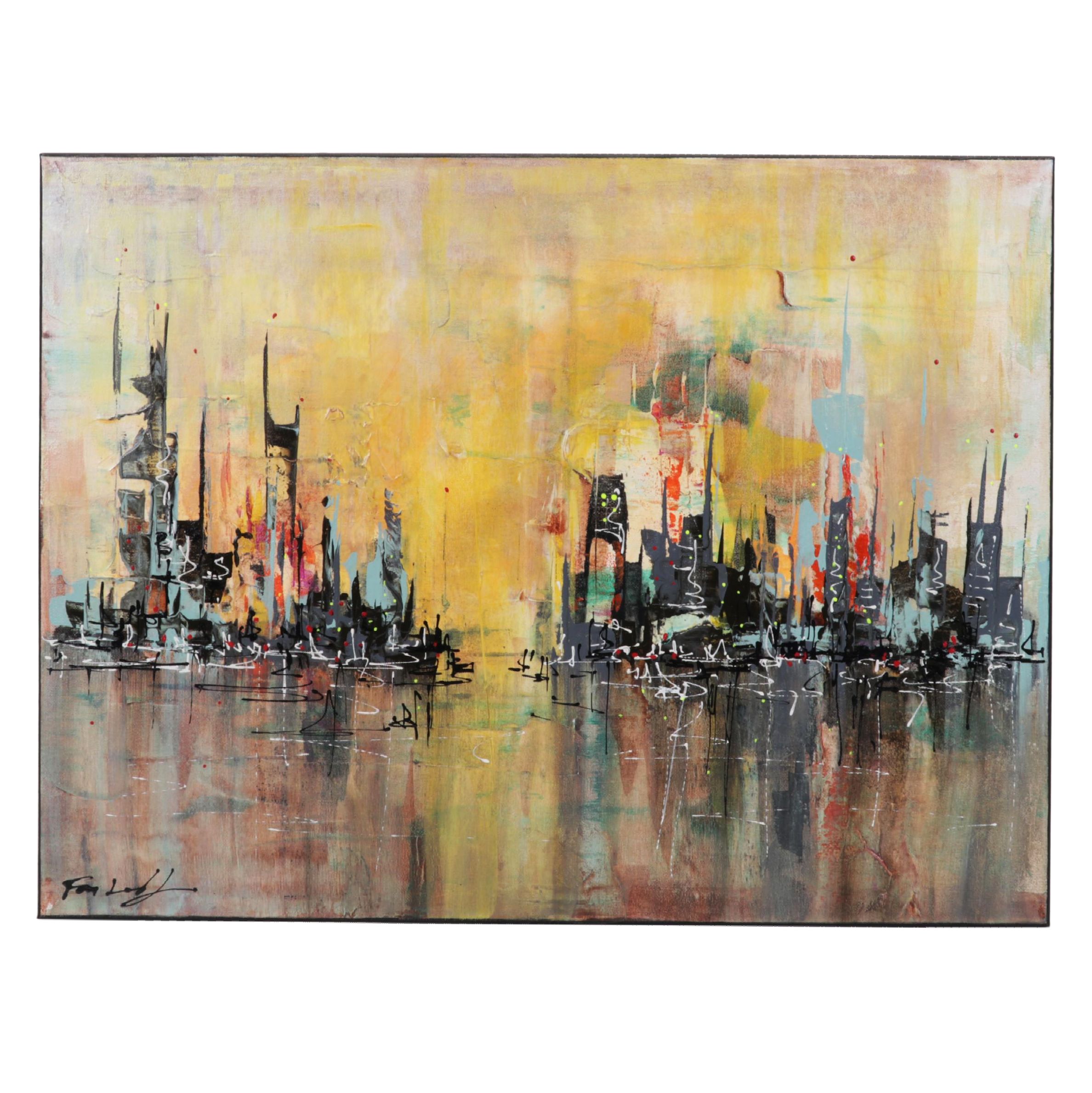 Farshad Lanjani Acrylic Painting of Coastal City Skyline, 21st Century