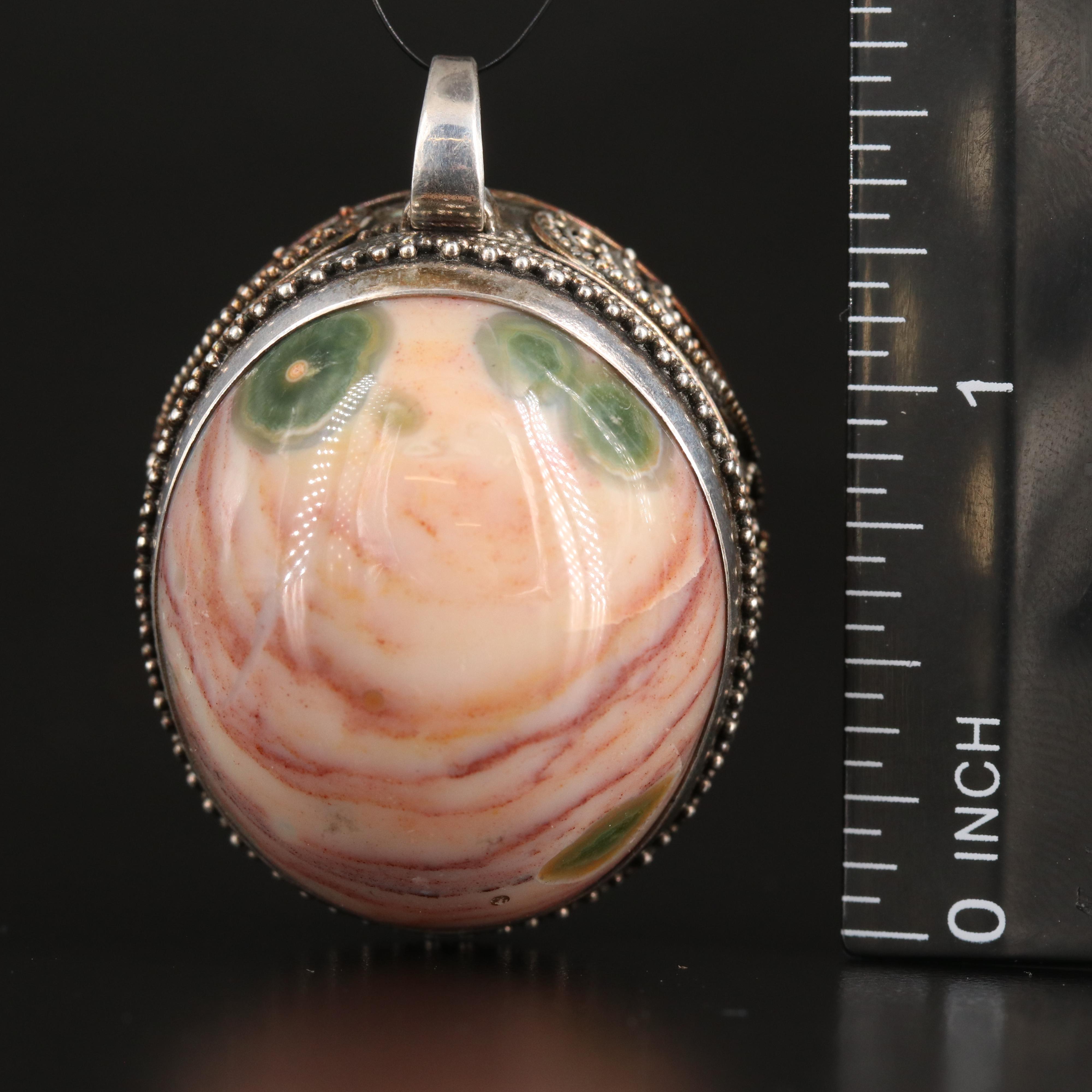 Sterling Agate Cabochon Pendant with Granulation and Scroll Detail