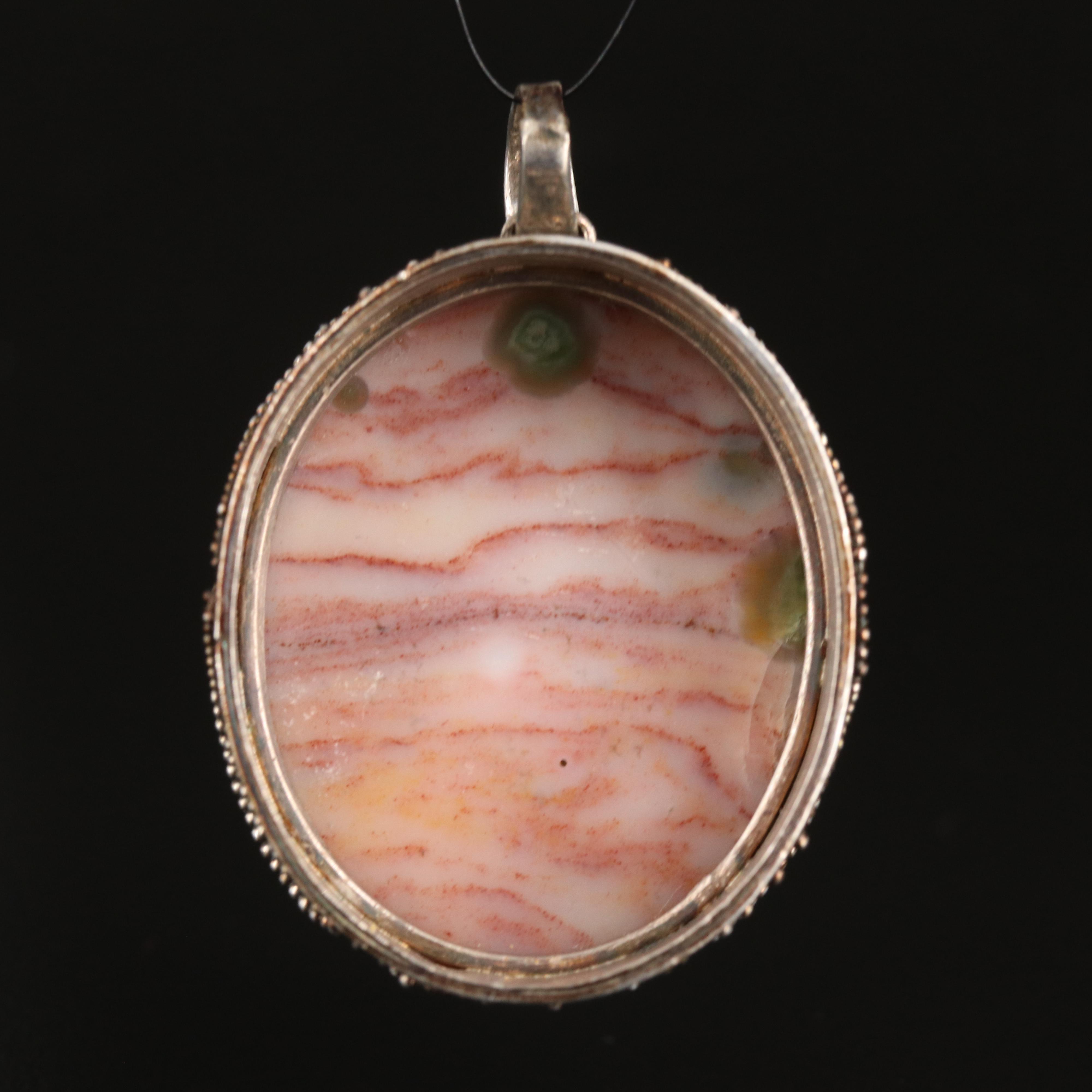 Sterling Agate Cabochon Pendant with Granulation and Scroll Detail