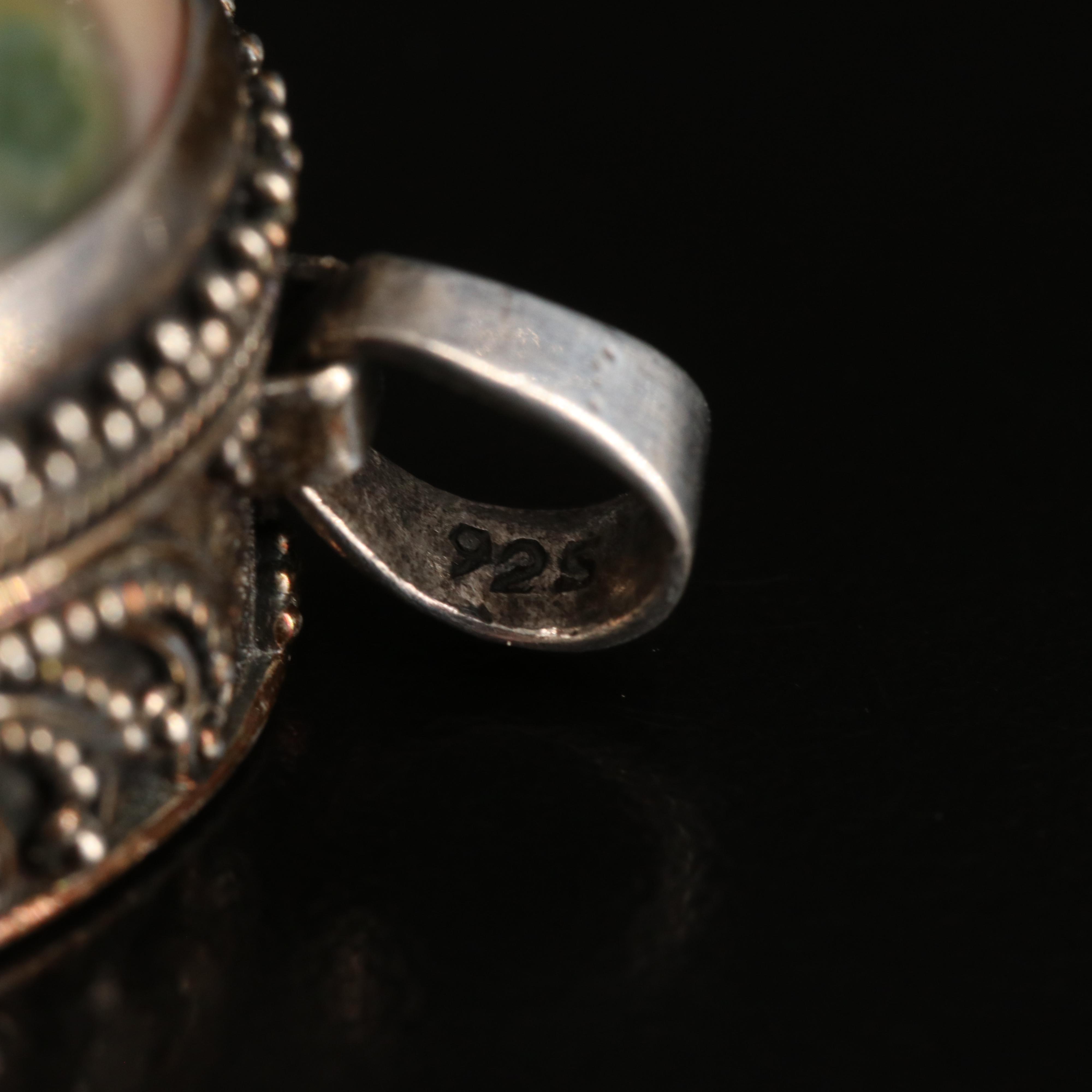 Sterling Agate Cabochon Pendant with Granulation and Scroll Detail