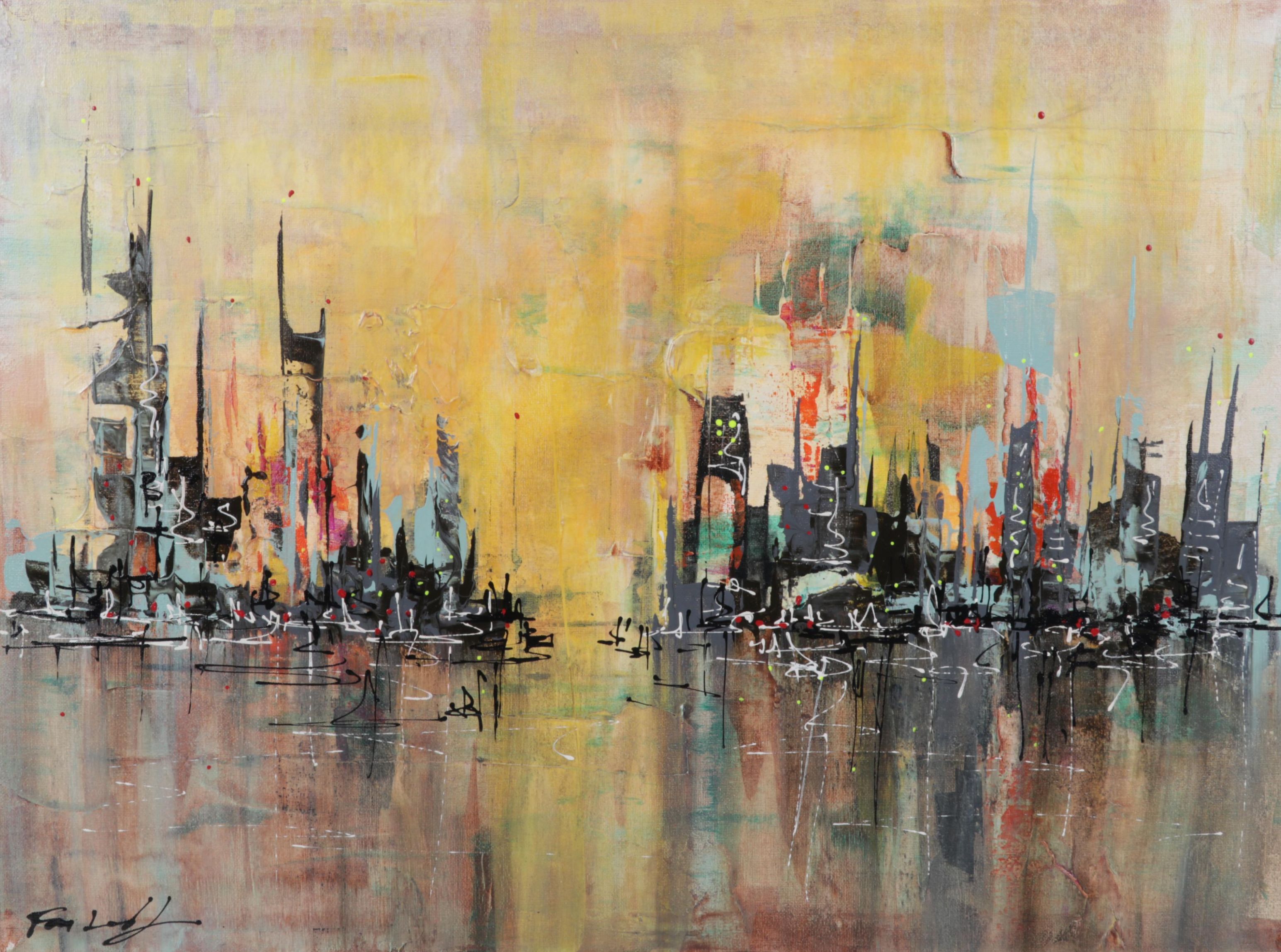 Farshad Lanjani Acrylic Painting of Coastal City Skyline, 21st Century