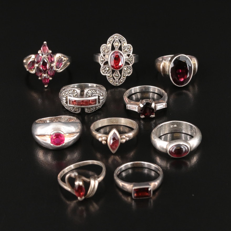 Ruby, Garnet and Marcasite Included in Sterling Ring Collection