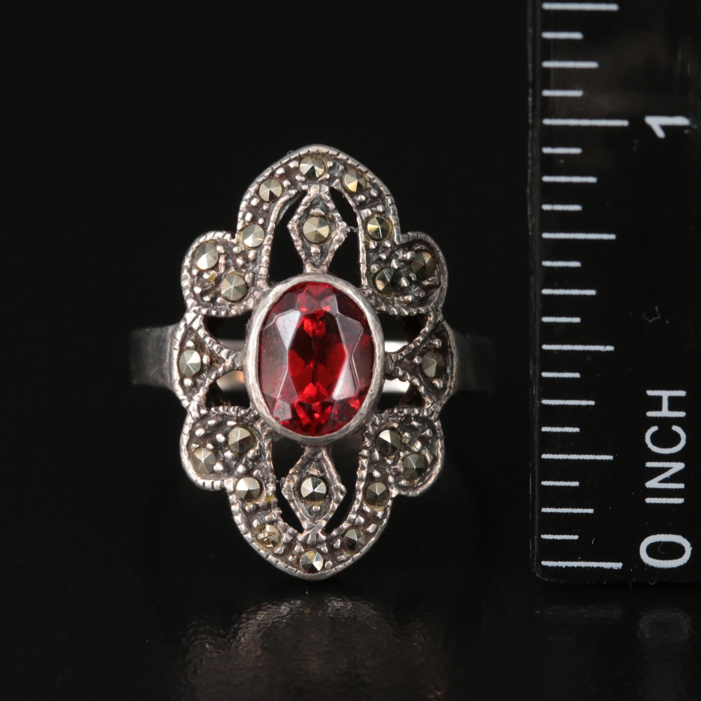 Ruby, Garnet and Marcasite Included in Sterling Ring Collection