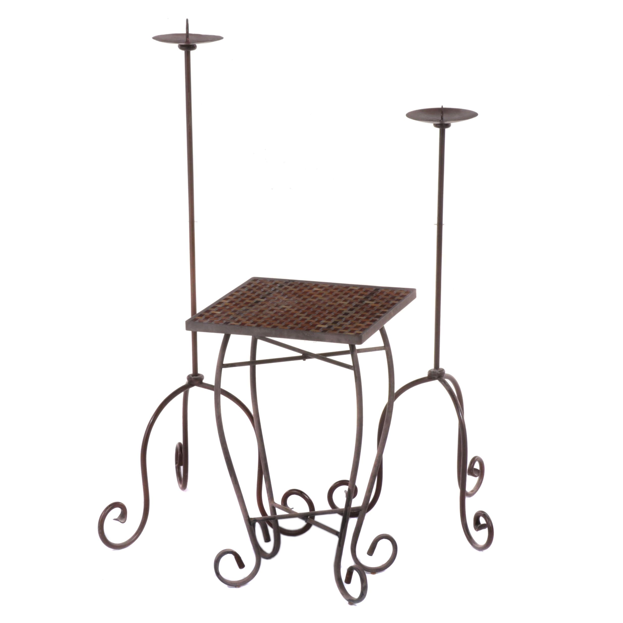 Patinated Metal and Glass Tile Top Side Table Plus Two Graduated Candle Holders