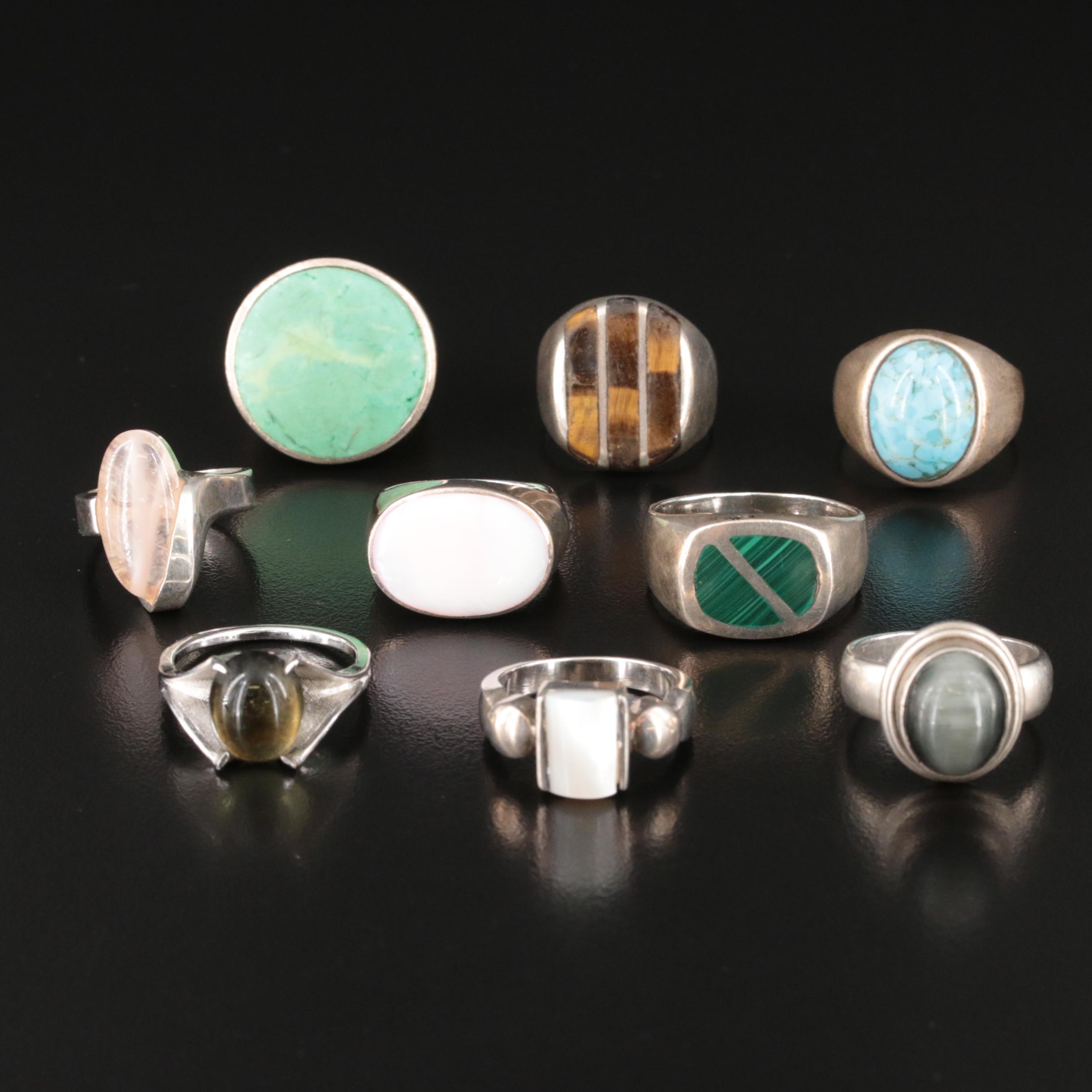 Sterling Ring Selection Including Turquoise, Mother-of-Pearl and Rose Quartz