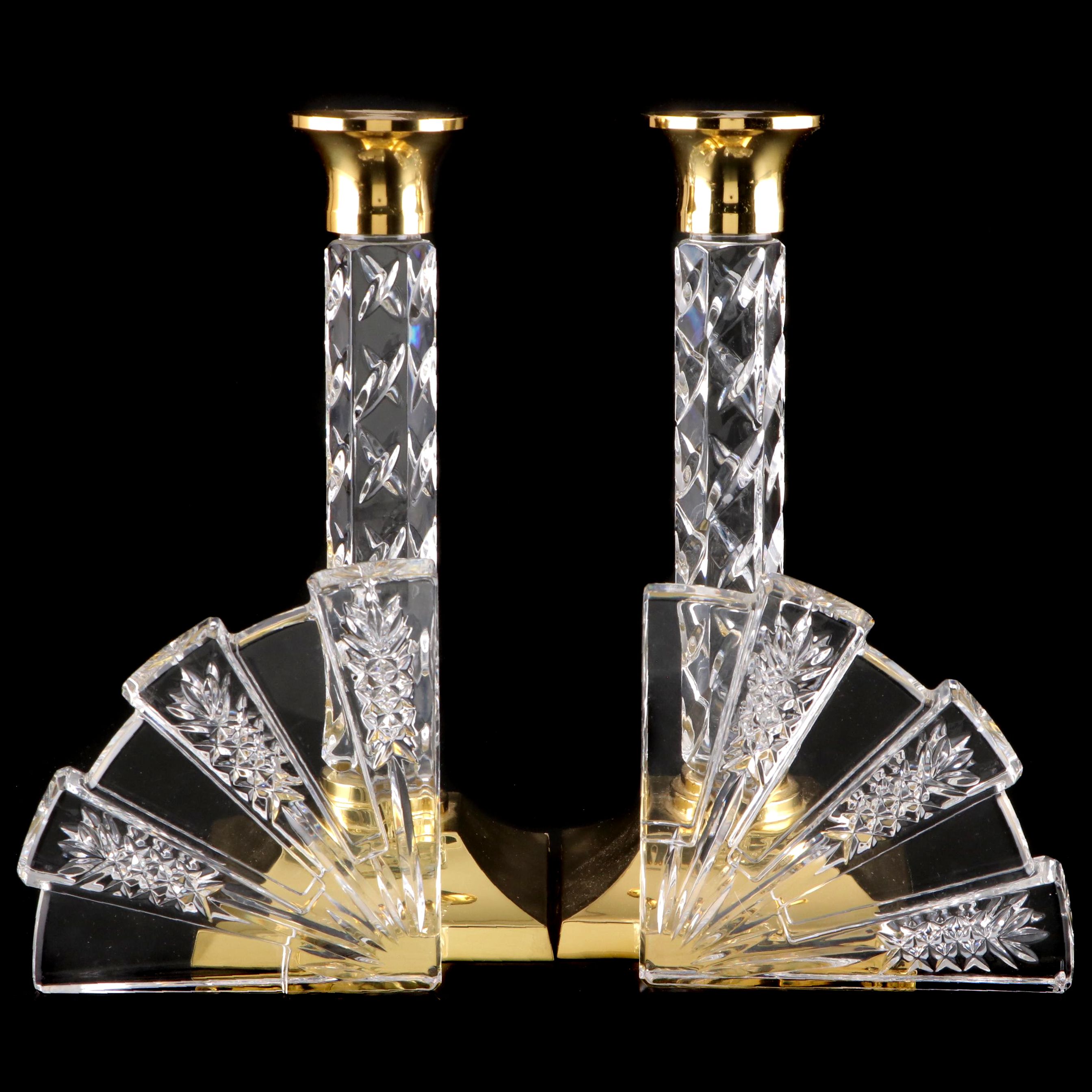 Pair of Waterford "Cambridge" Crystal and Brass Candlesticks with Bookends