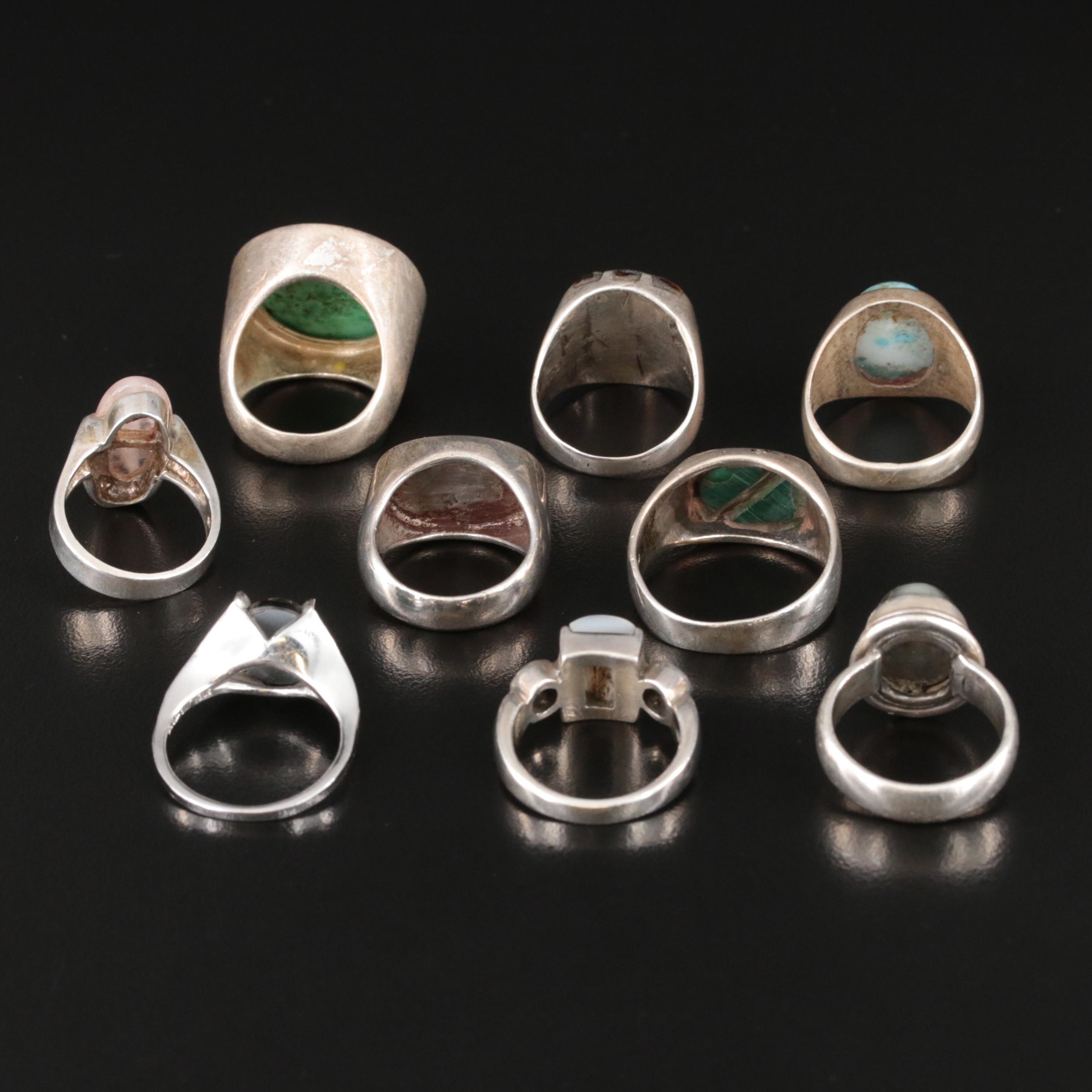 Sterling Ring Selection Including Turquoise, Mother-of-Pearl and Rose Quartz