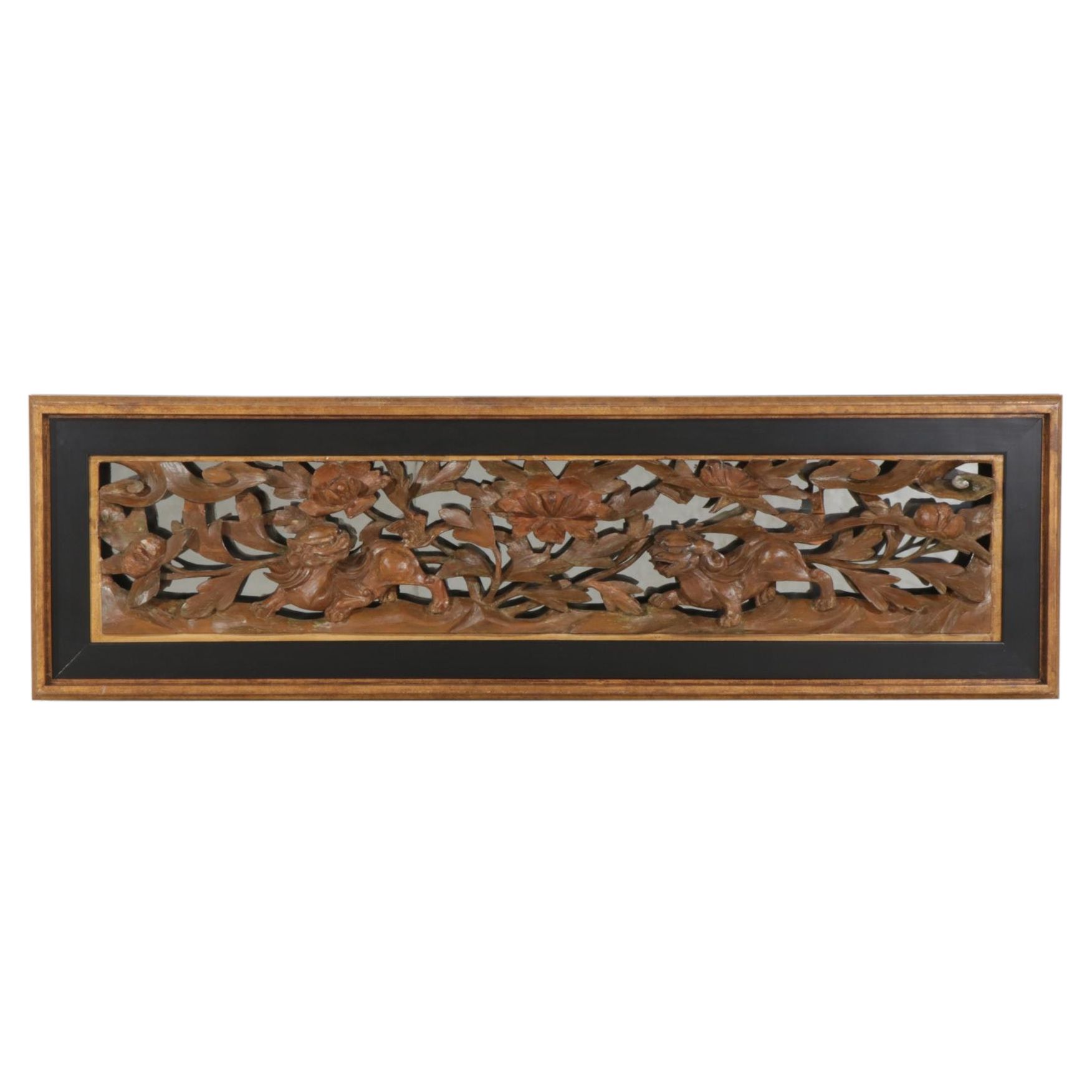 Asian Carved Wood Panel in Illuminated Mirror-Back Frame, Late 20th Century