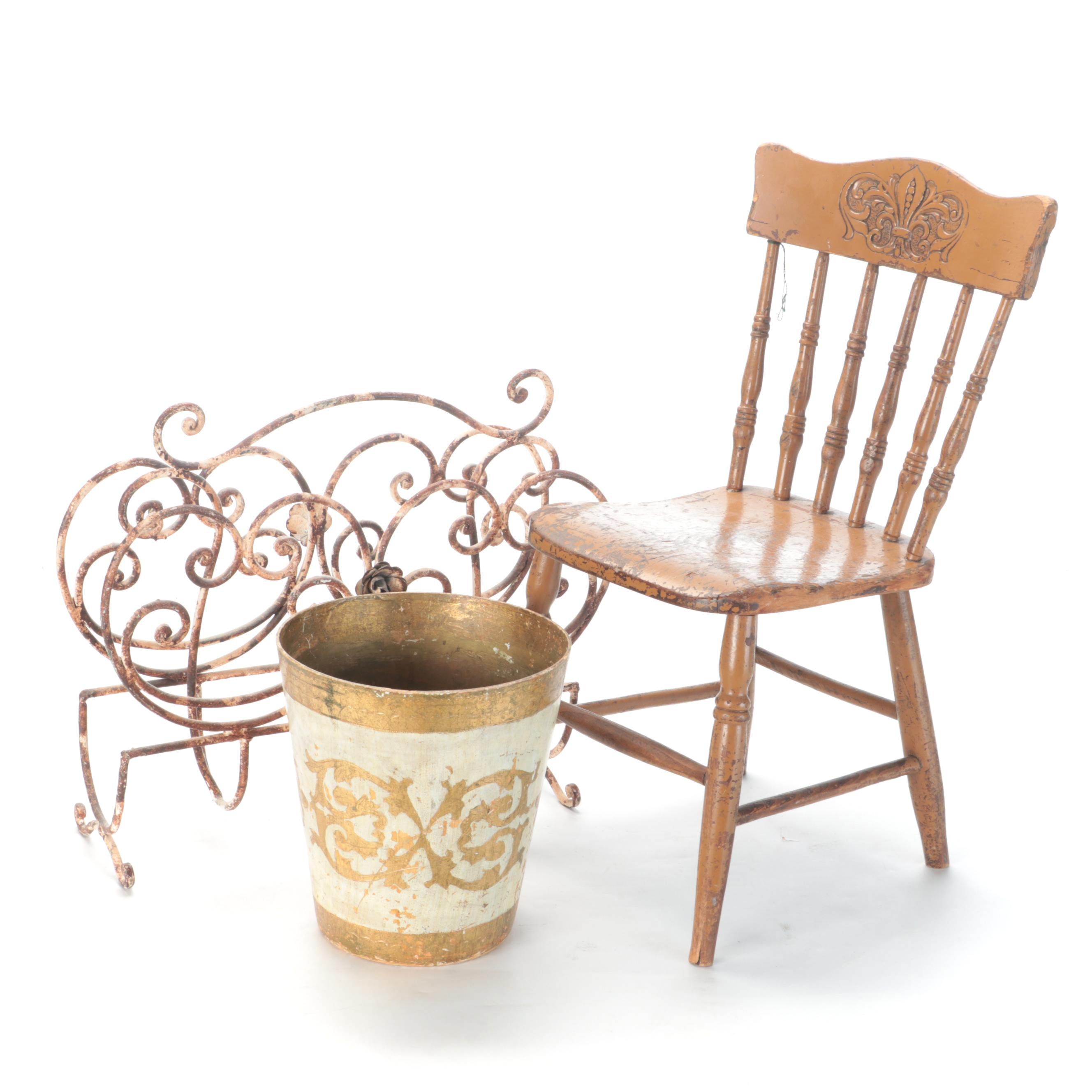 Wrought Iron Magazine Rack, Painted Kitchen Chair and Gilt-Decorated Waste Bin