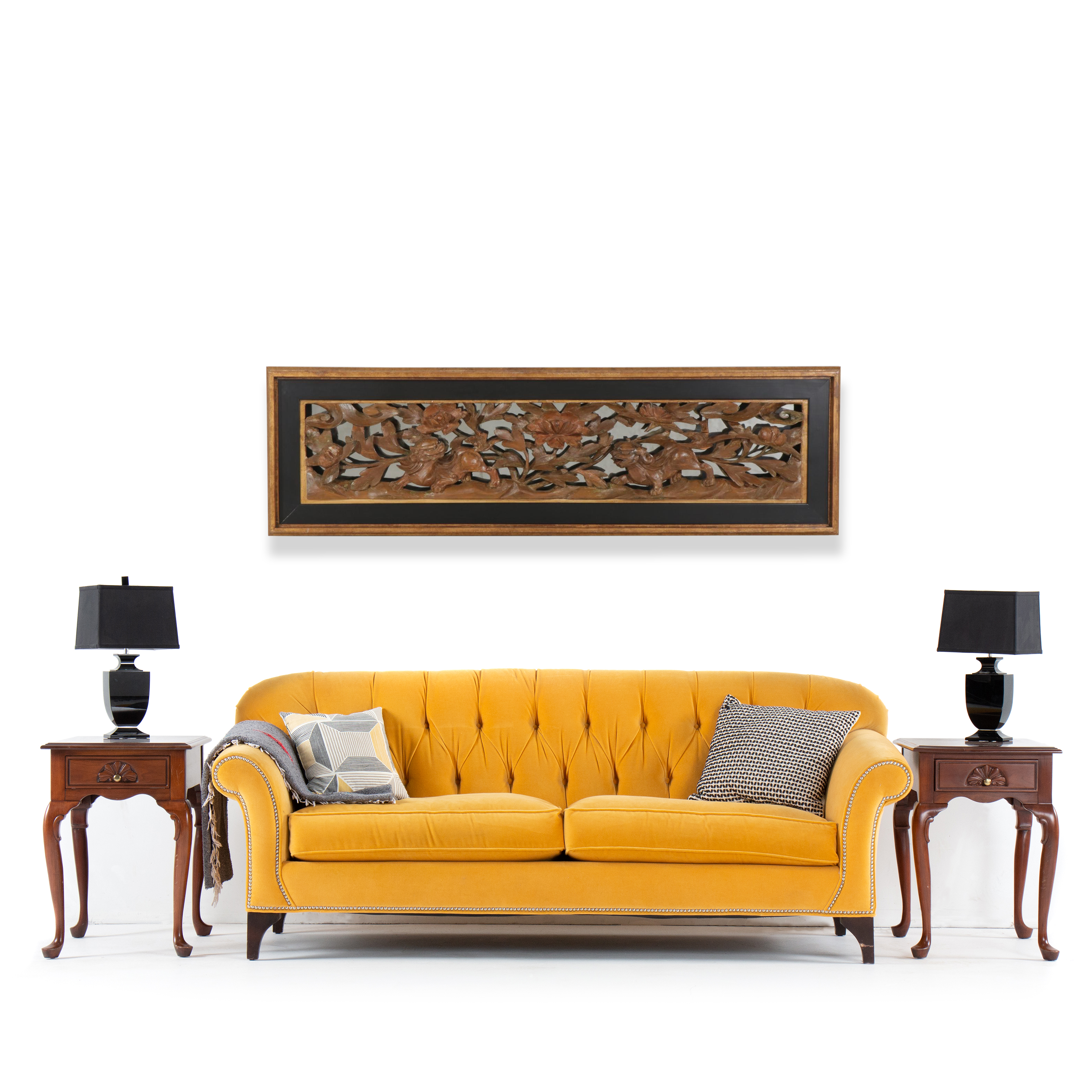 Asian Carved Wood Panel in Illuminated Mirror-Back Frame, Late 20th Century