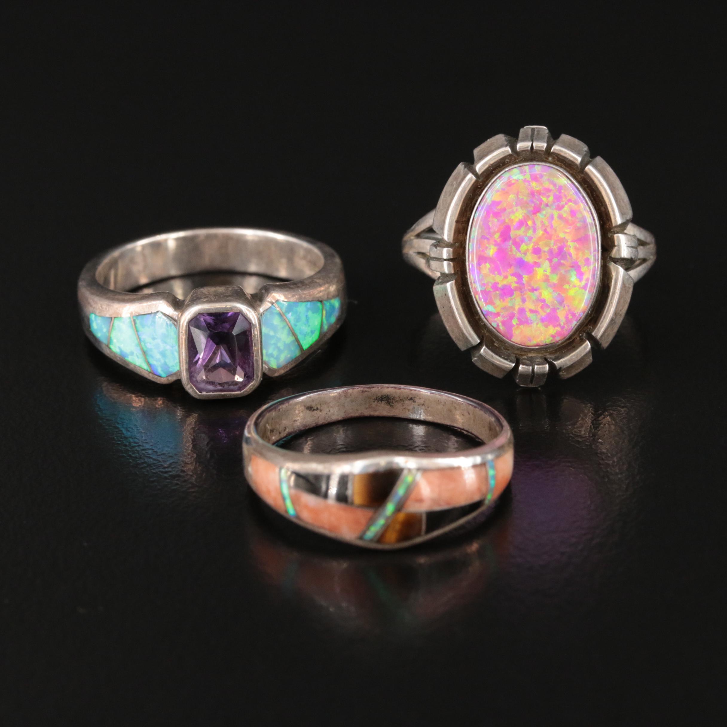 Southwestern Sterling Opal, Amethyst and Coral Rings
