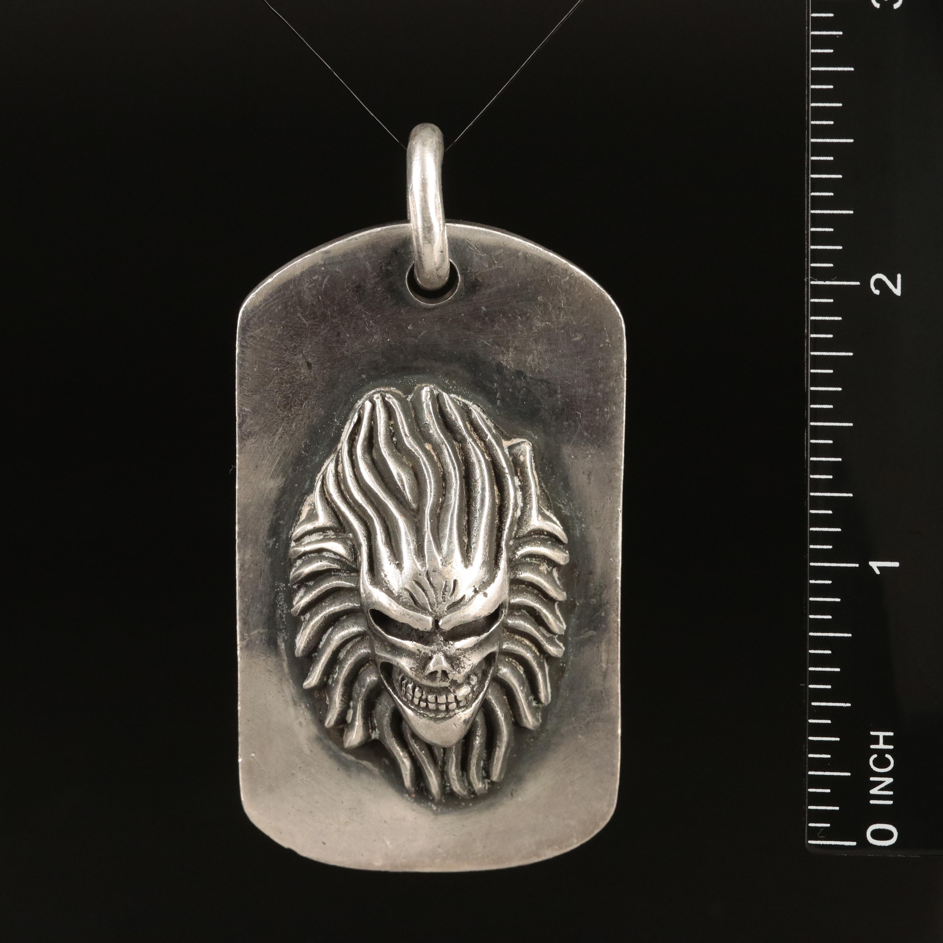 Sterling Flaming Skull Dogtag Pendant