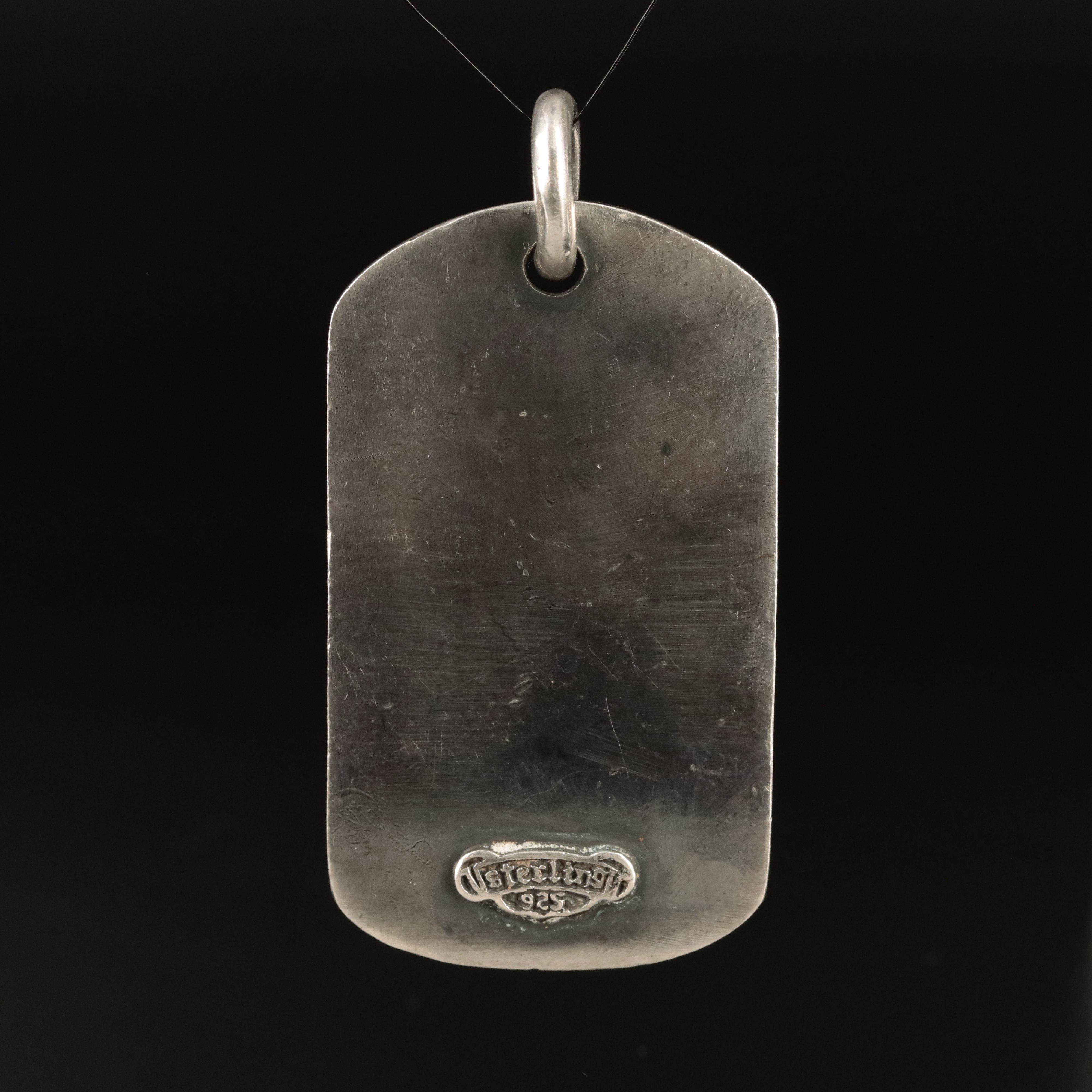 Sterling Flaming Skull Dogtag Pendant