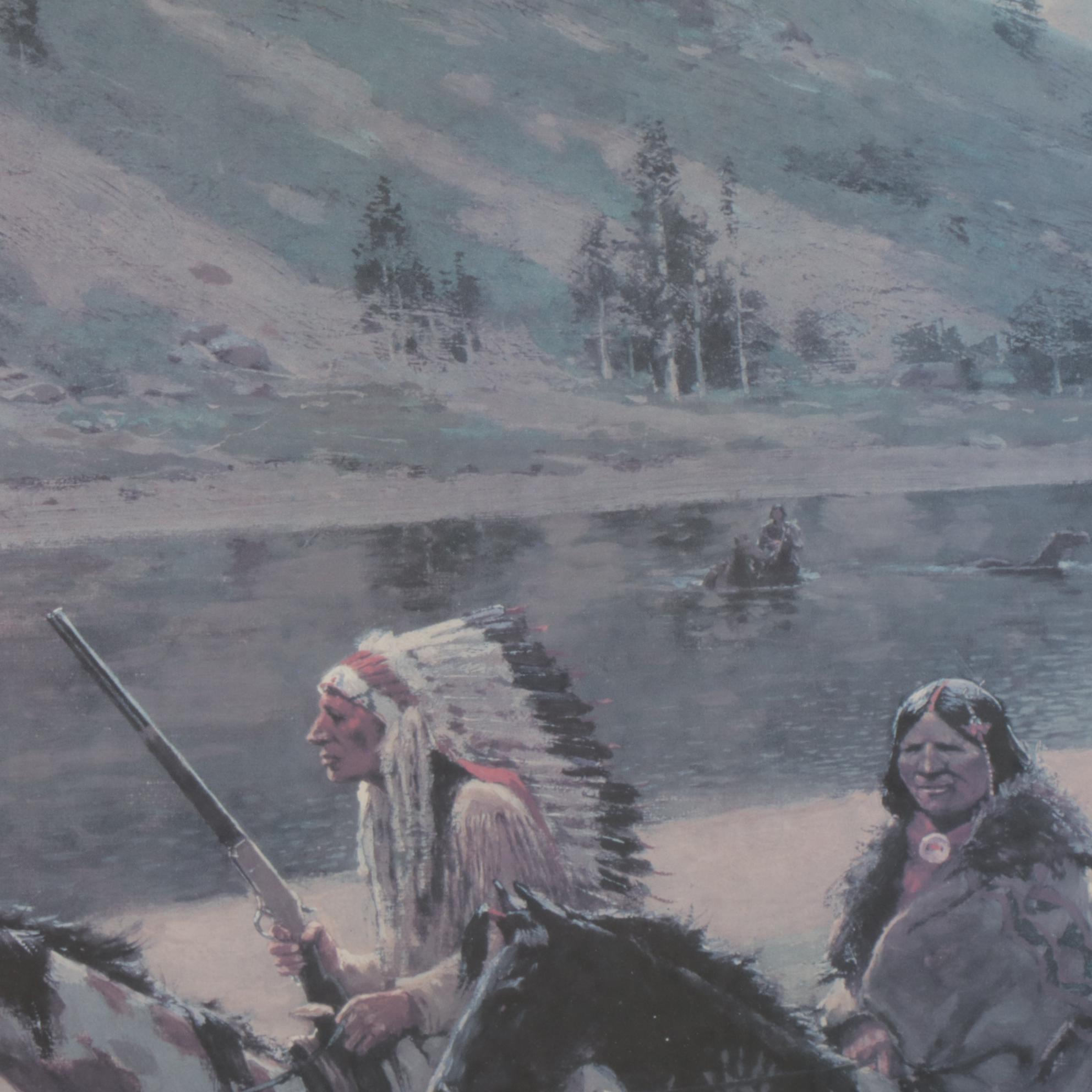 Offset Lithograph After Henry Farny "Indian Marauders in Party Fording Stream"