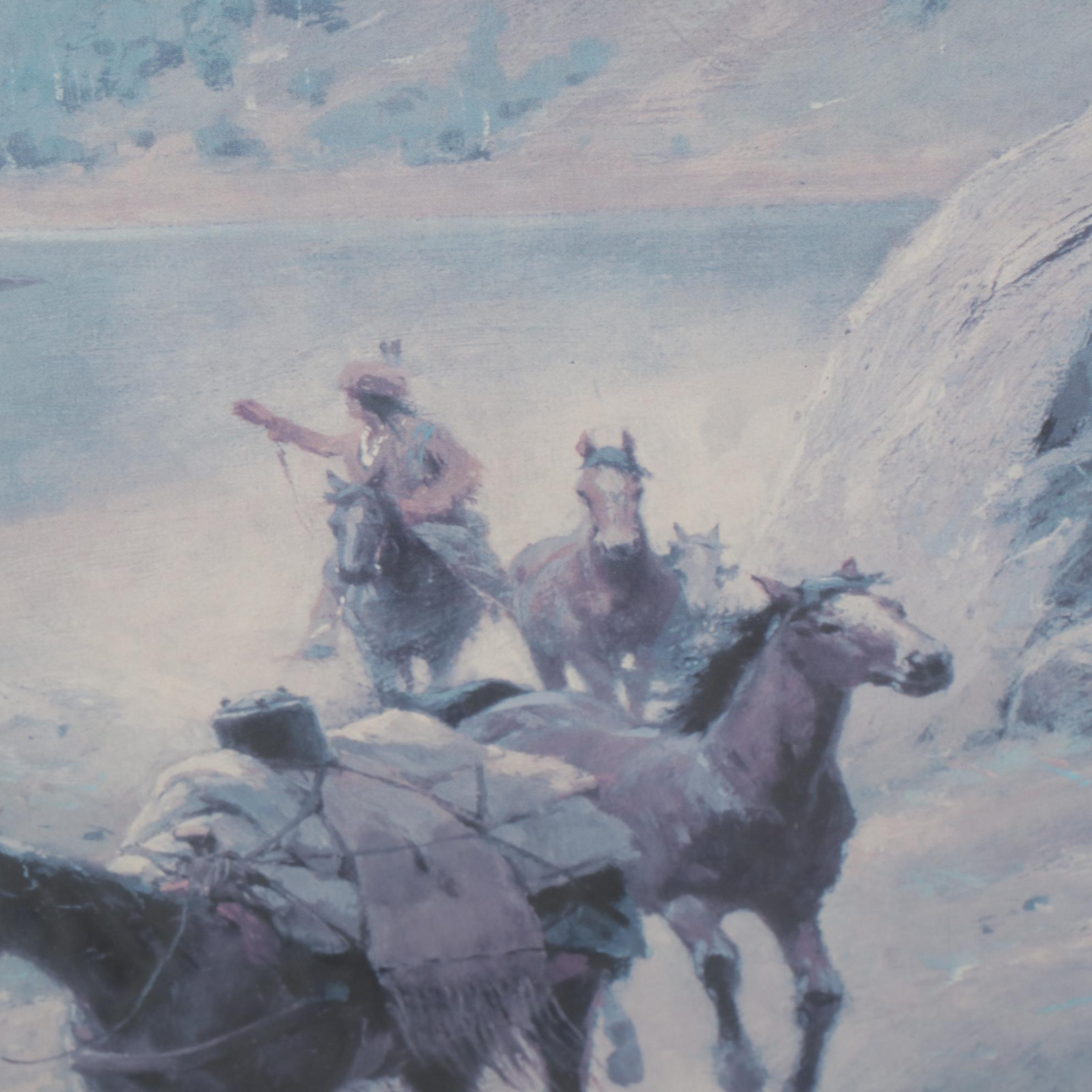 Offset Lithograph After Henry Farny "Indian Marauders in Party Fording Stream"