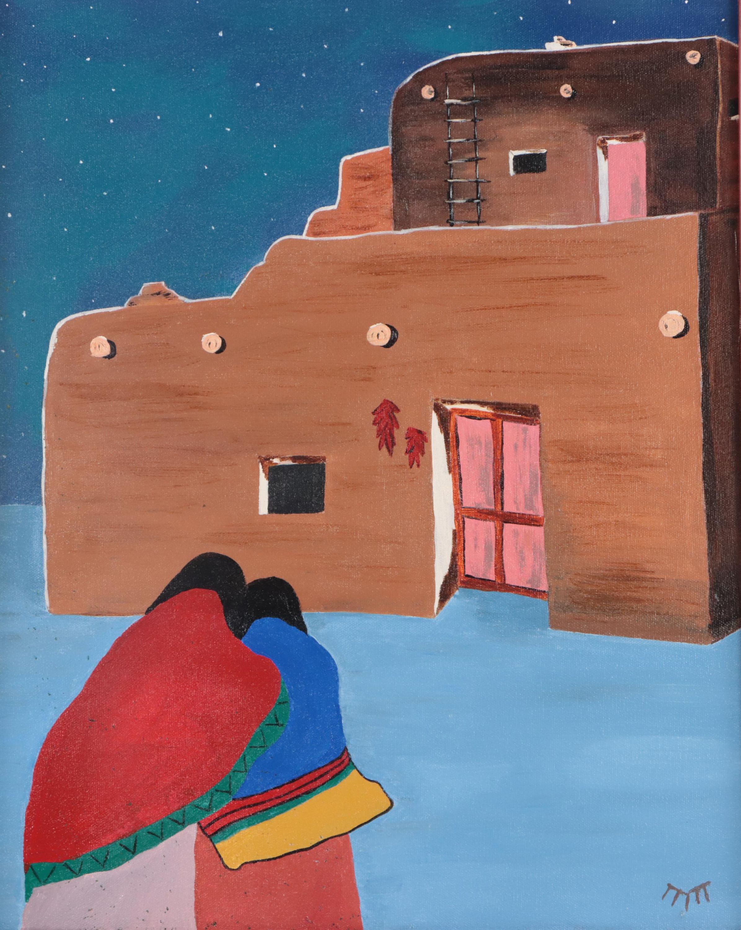 Acrylic Painting of Pueblo Village and Figures at Nighttime