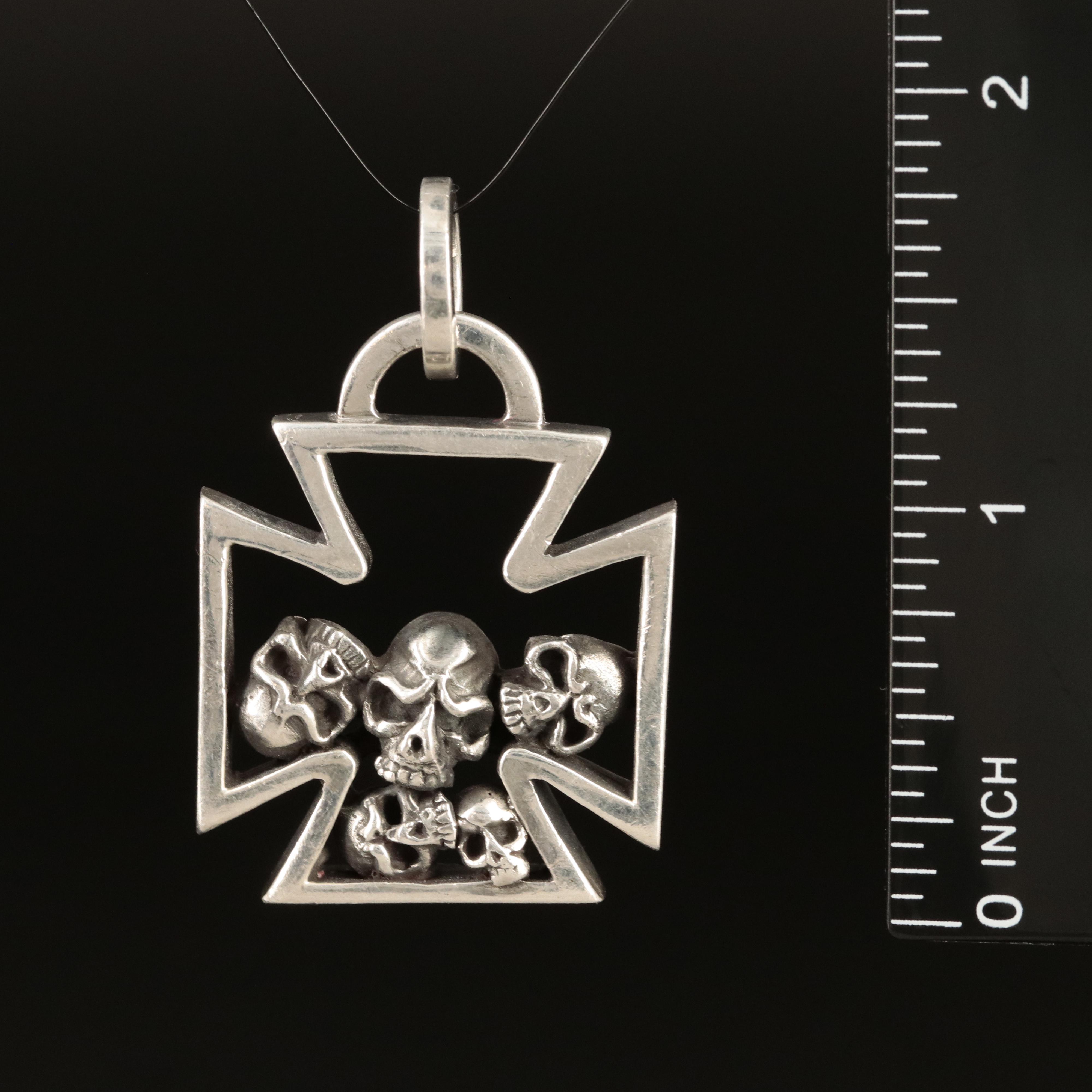 Sterling Iron Cross with Skulls Pendant