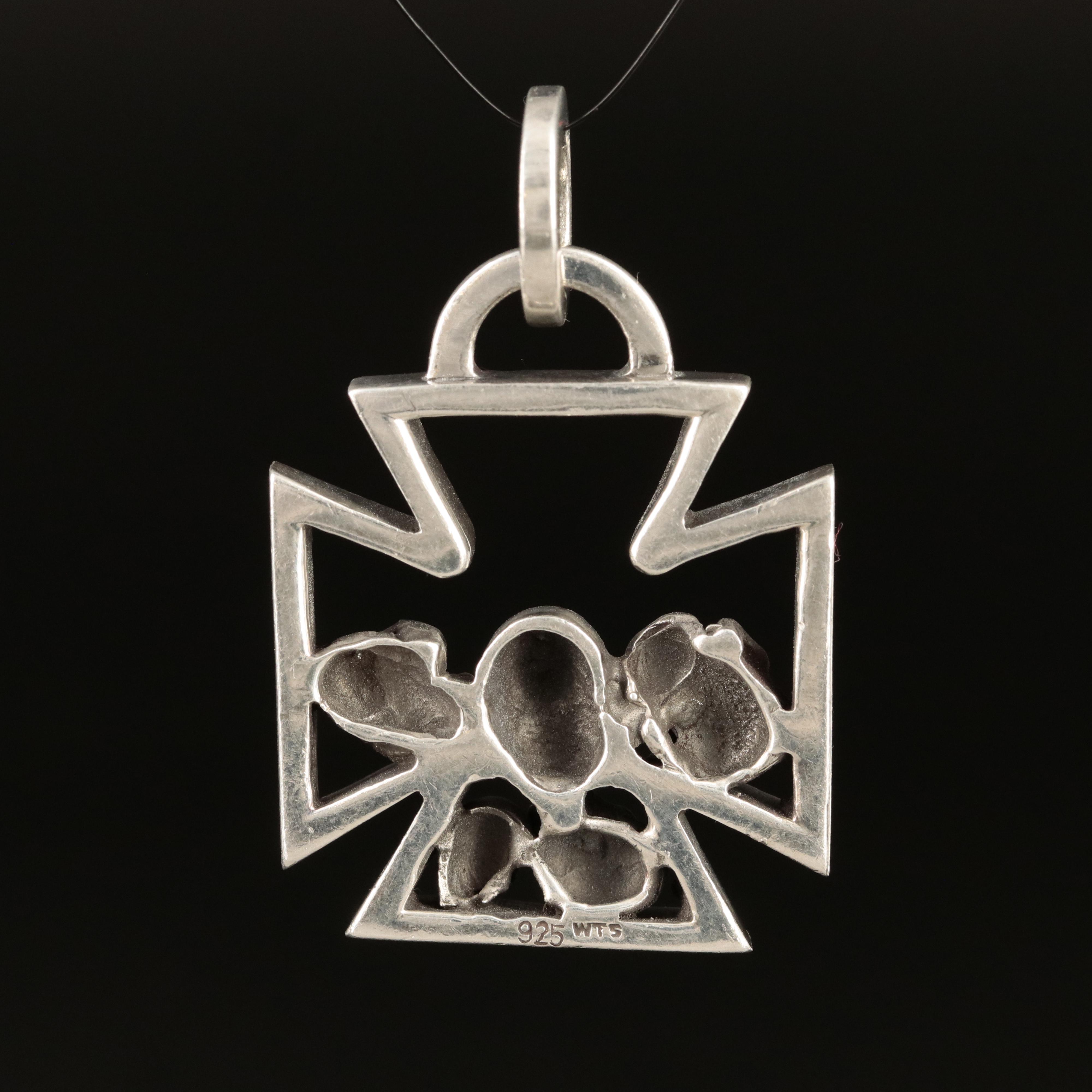 Sterling Iron Cross with Skulls Pendant