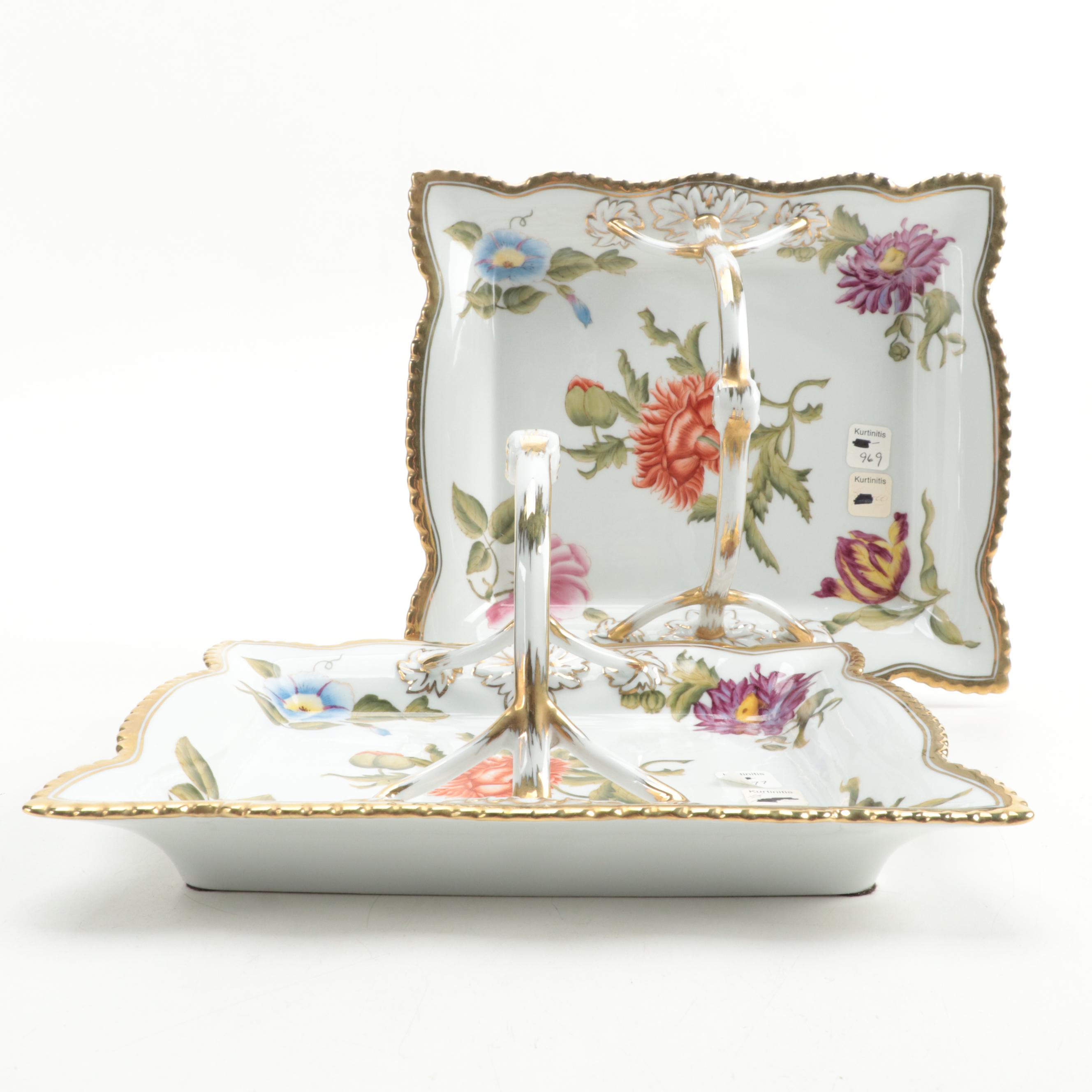 Pair of Chelsea House Porcelain Botanical Decorated Handled Trays