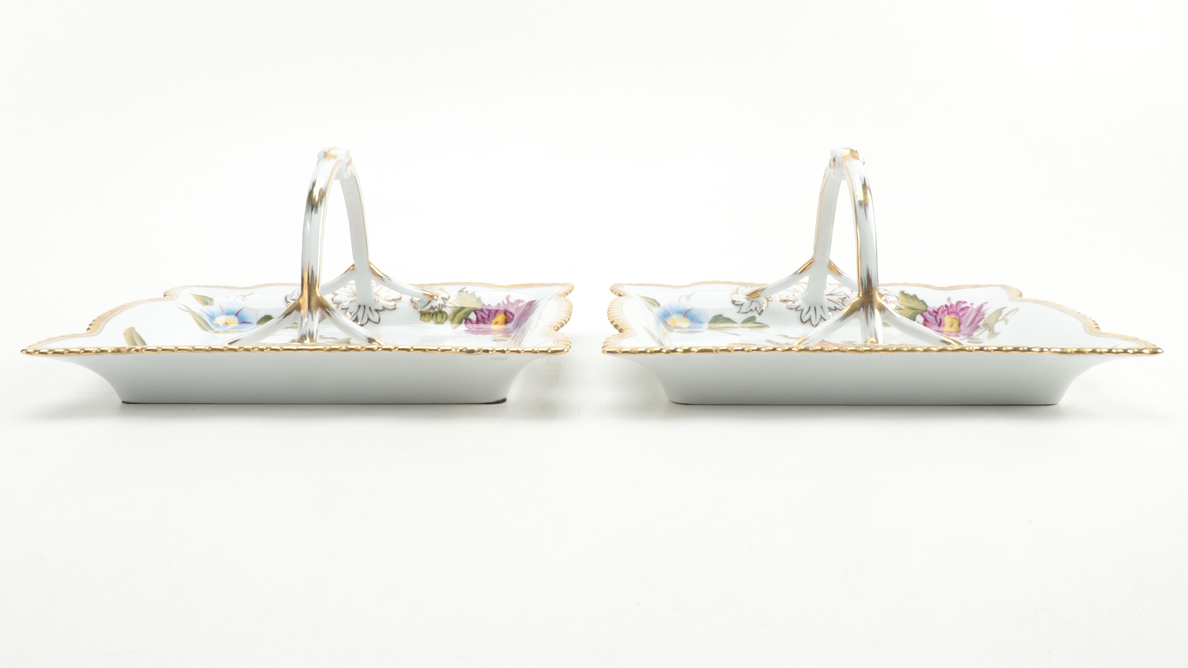 Pair of Chelsea House Porcelain Botanical Decorated Handled Trays