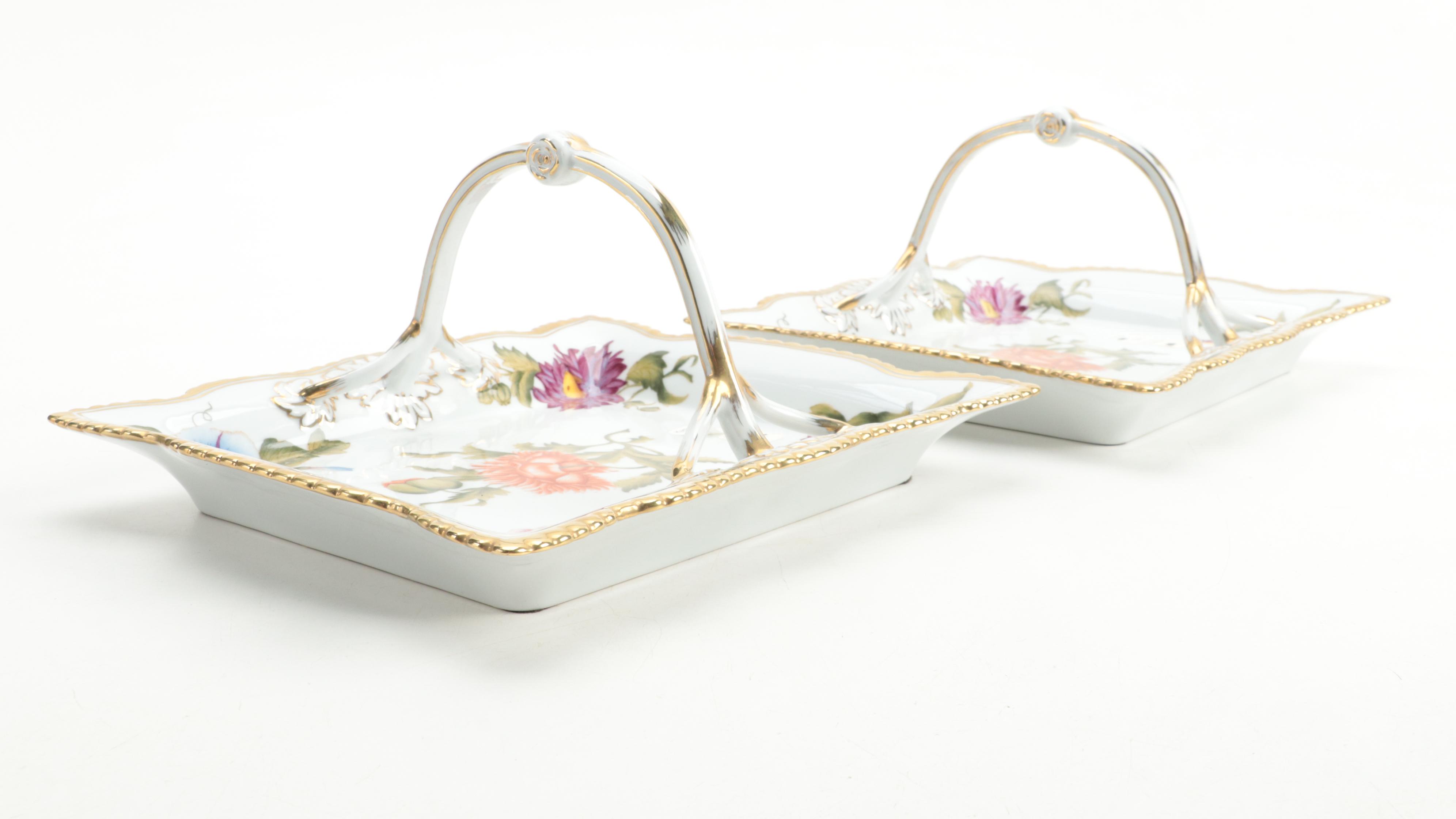 Pair of Chelsea House Porcelain Botanical Decorated Handled Trays