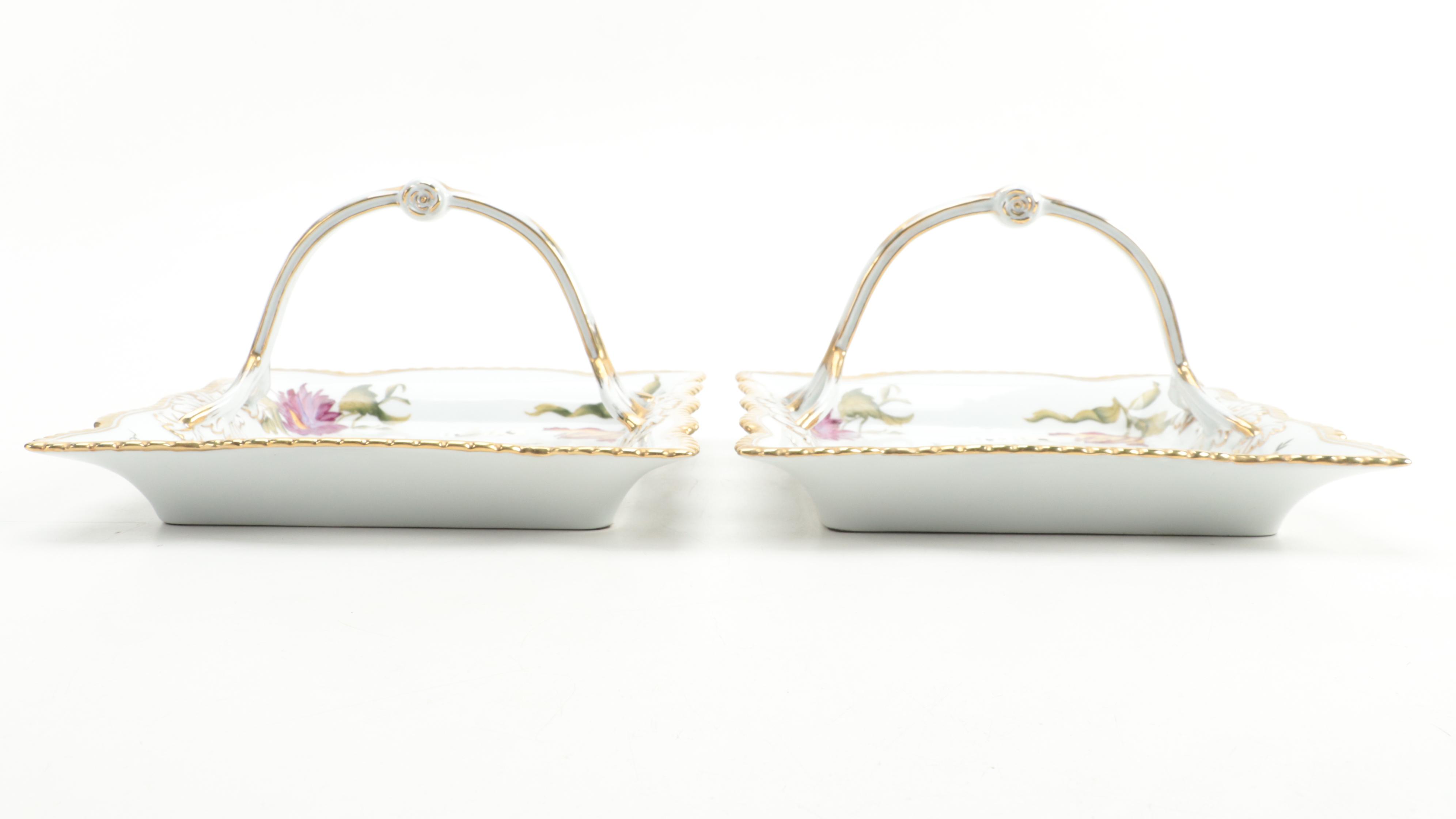 Pair of Chelsea House Porcelain Botanical Decorated Handled Trays