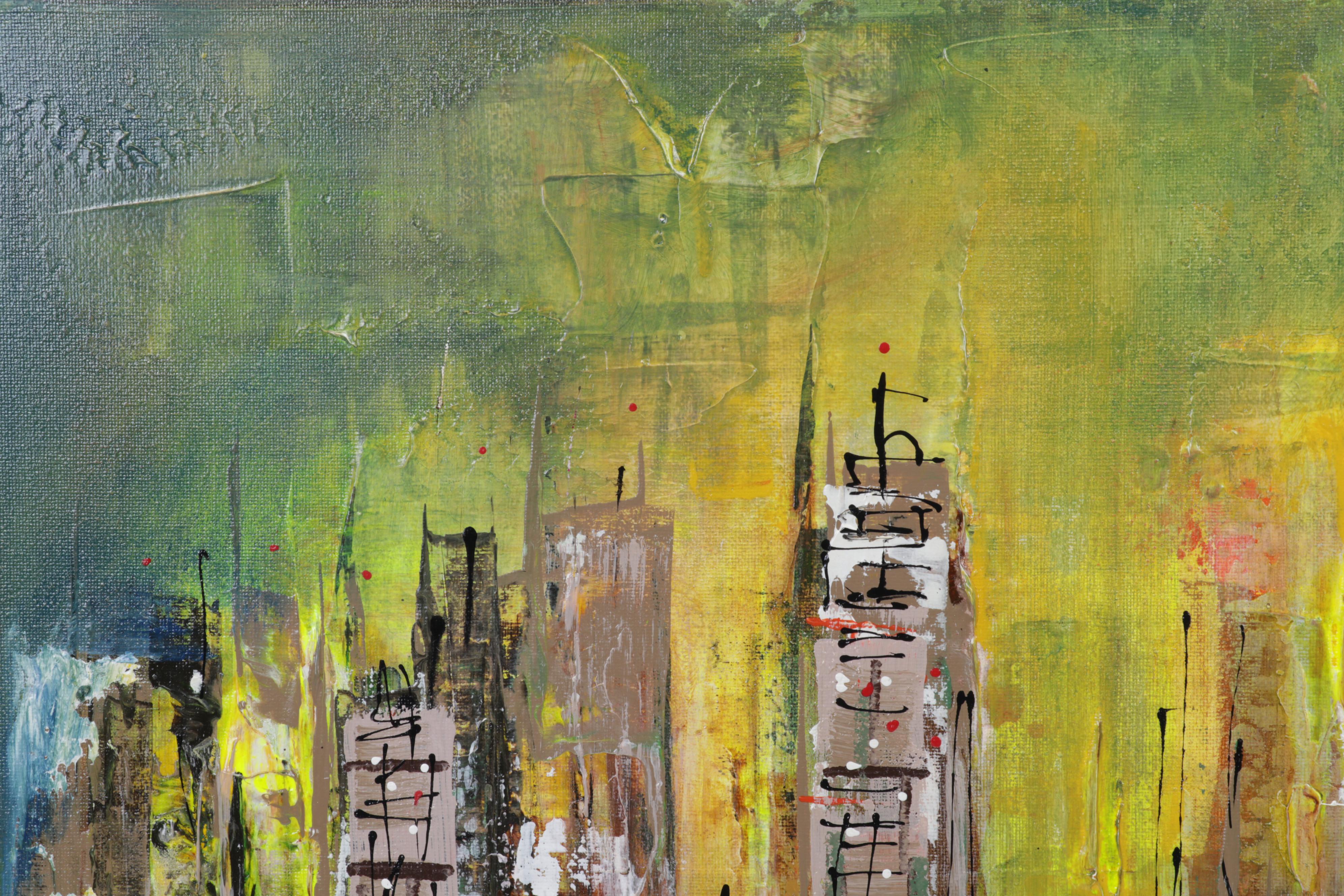 Farshad Lanjani Abstract Coastal Cityscape Acrylic Painting, 21st Century