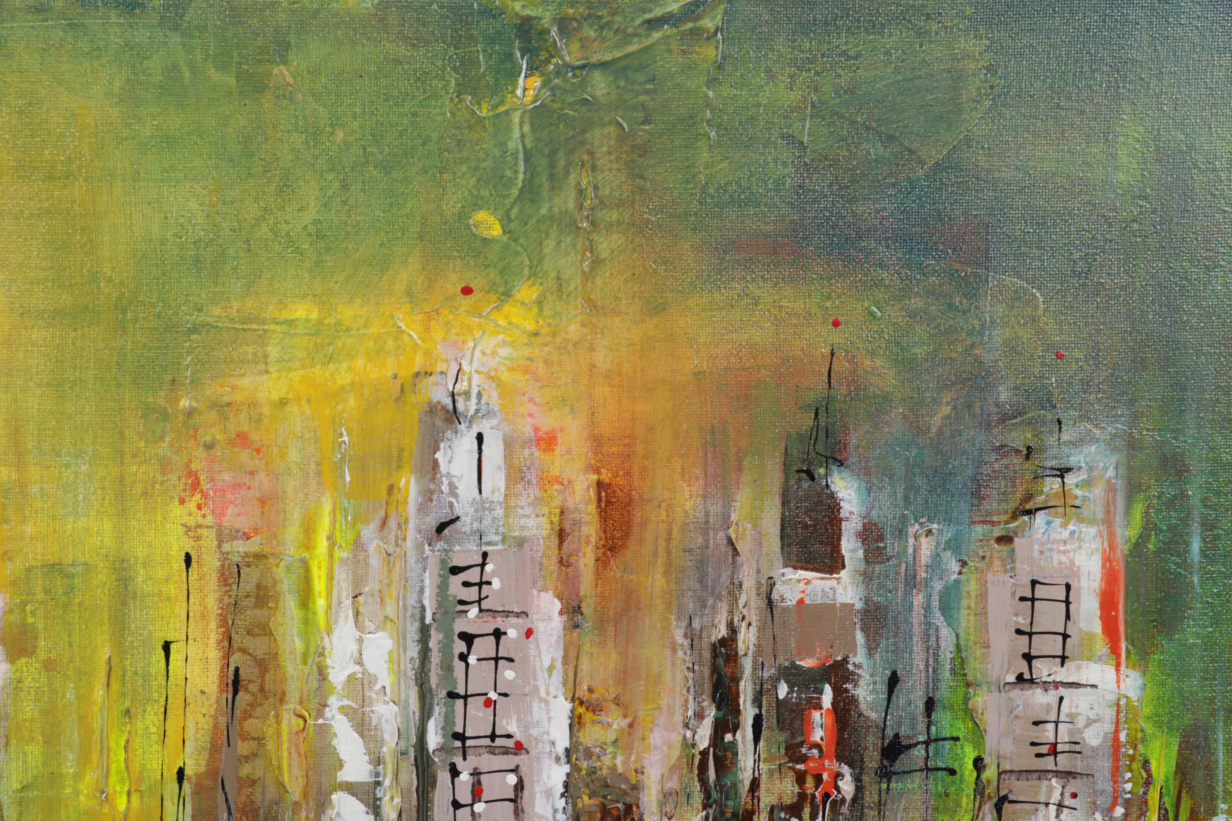 Farshad Lanjani Abstract Coastal Cityscape Acrylic Painting, 21st Century