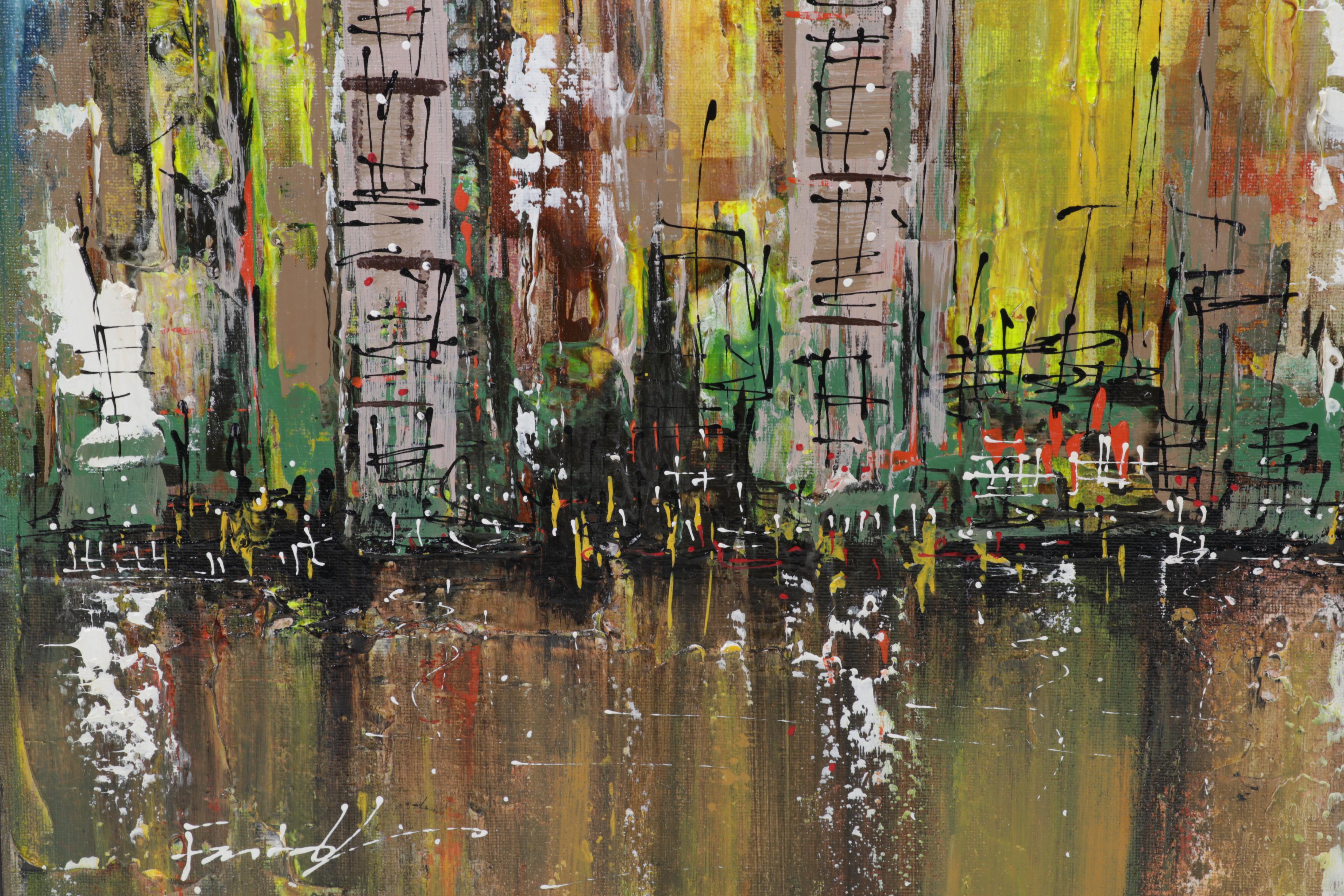 Farshad Lanjani Abstract Coastal Cityscape Acrylic Painting, 21st Century