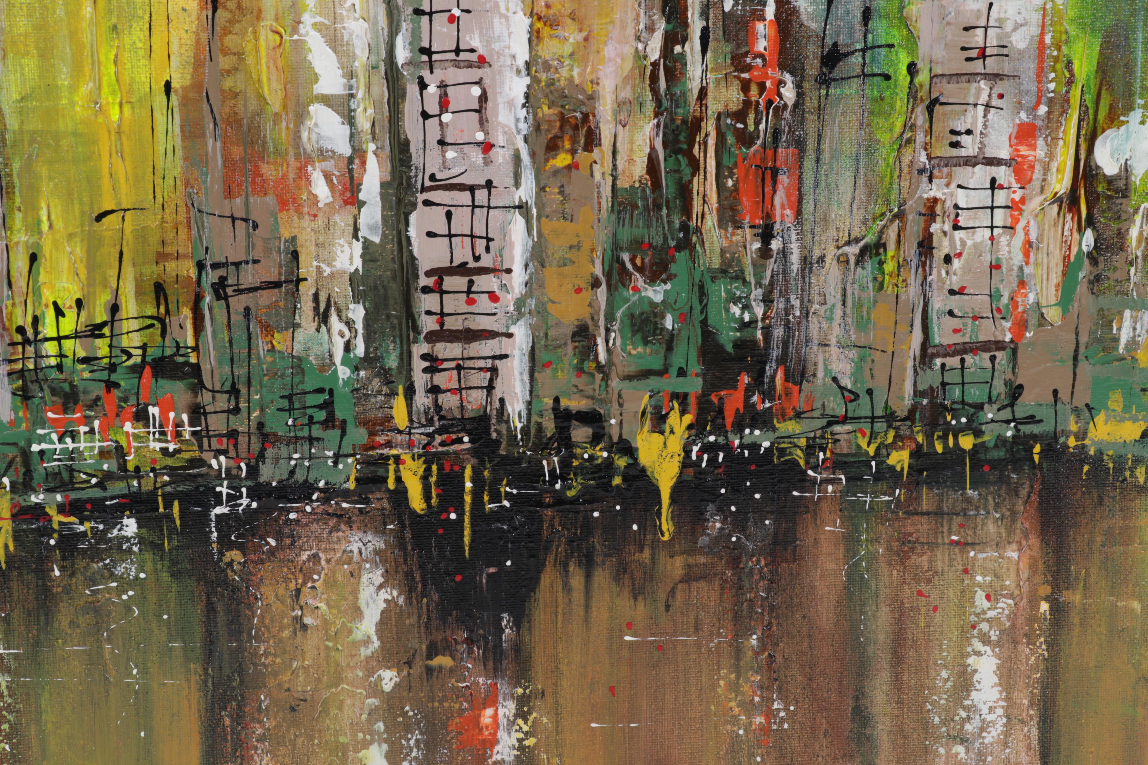 Farshad Lanjani Abstract Coastal Cityscape Acrylic Painting, 21st Century