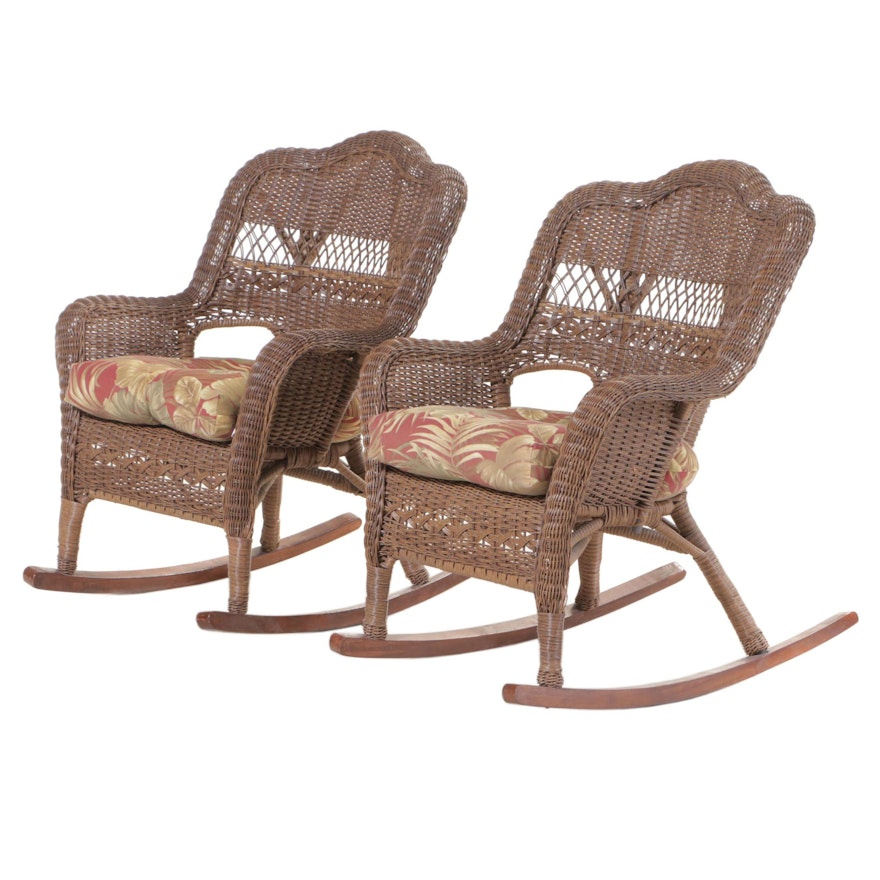 Pair of Resin Wicker and Hardwood Patio Rockers