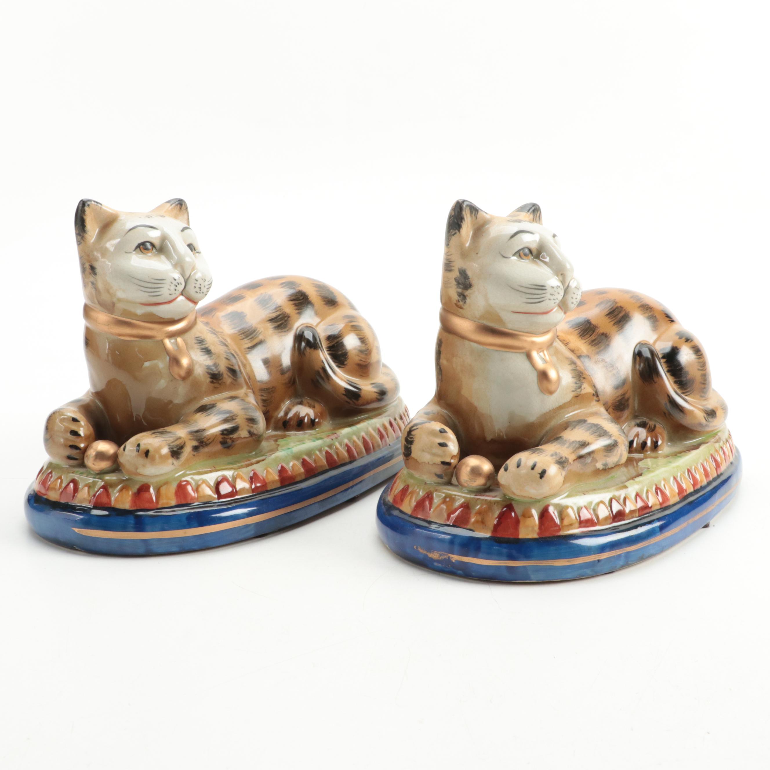 , Pair of Staffordshire Style Ceramic Enesco Group Recumbent Cat Figures
