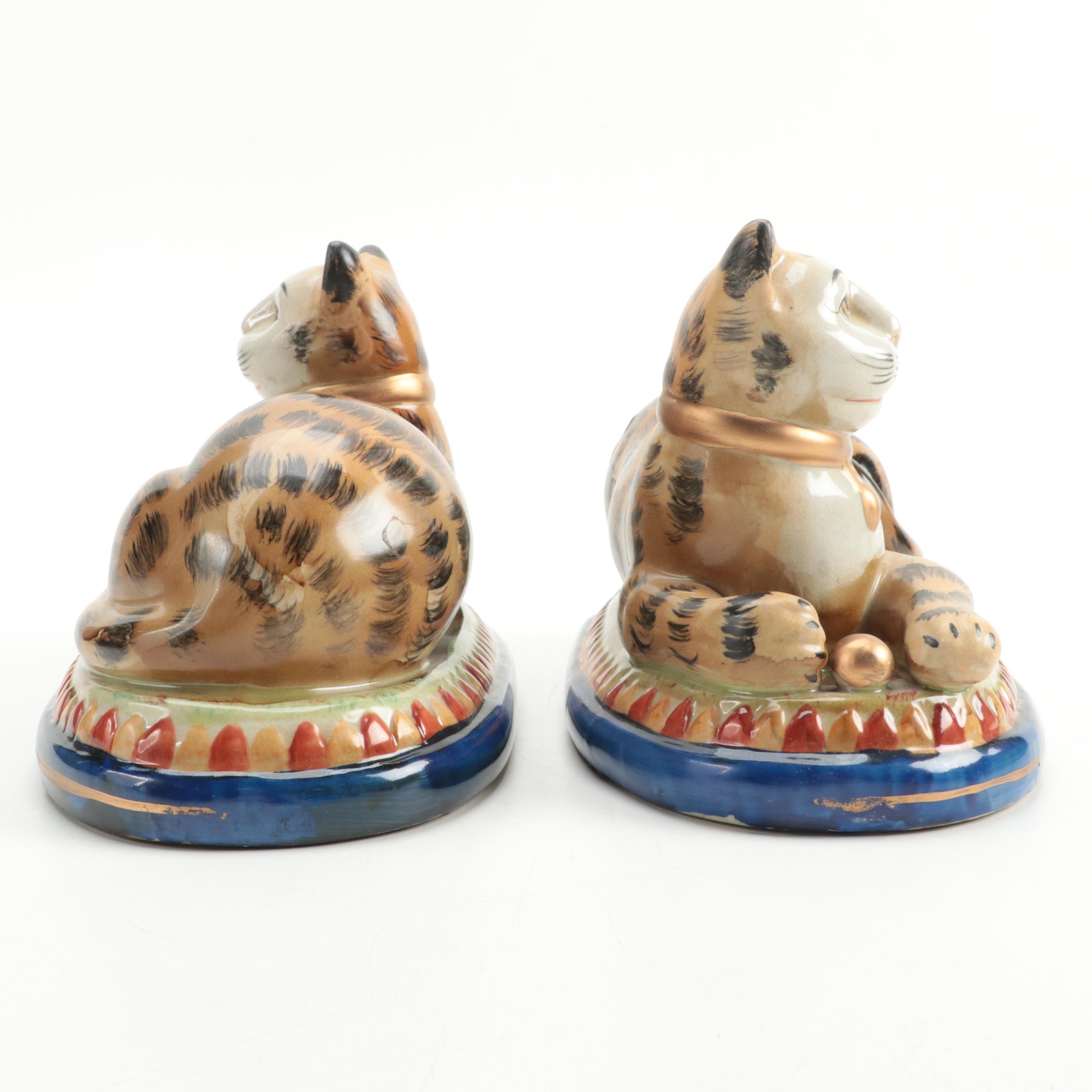 , Pair of Staffordshire Style Ceramic Enesco Group Recumbent Cat Figures