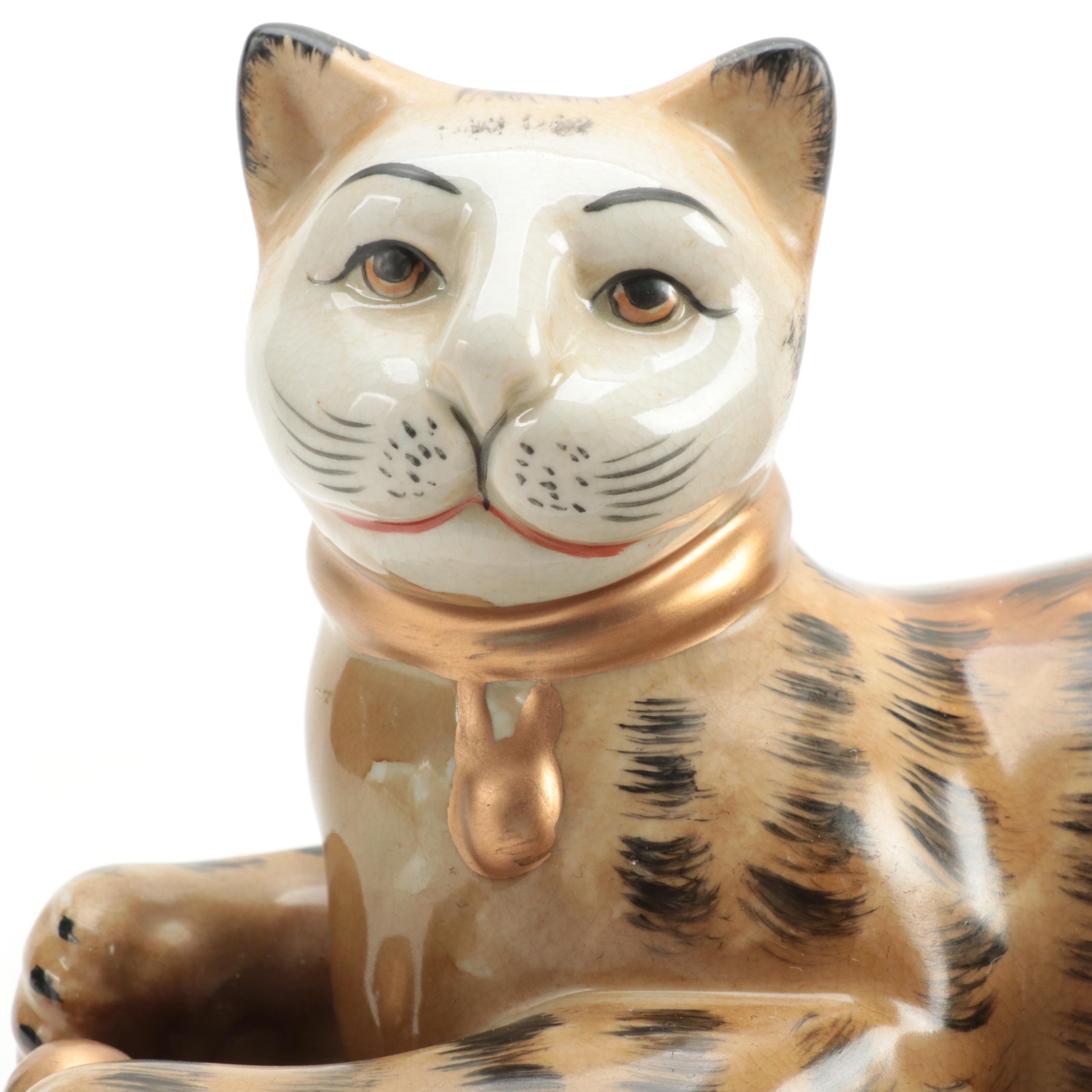 , Pair of Staffordshire Style Ceramic Enesco Group Recumbent Cat Figures