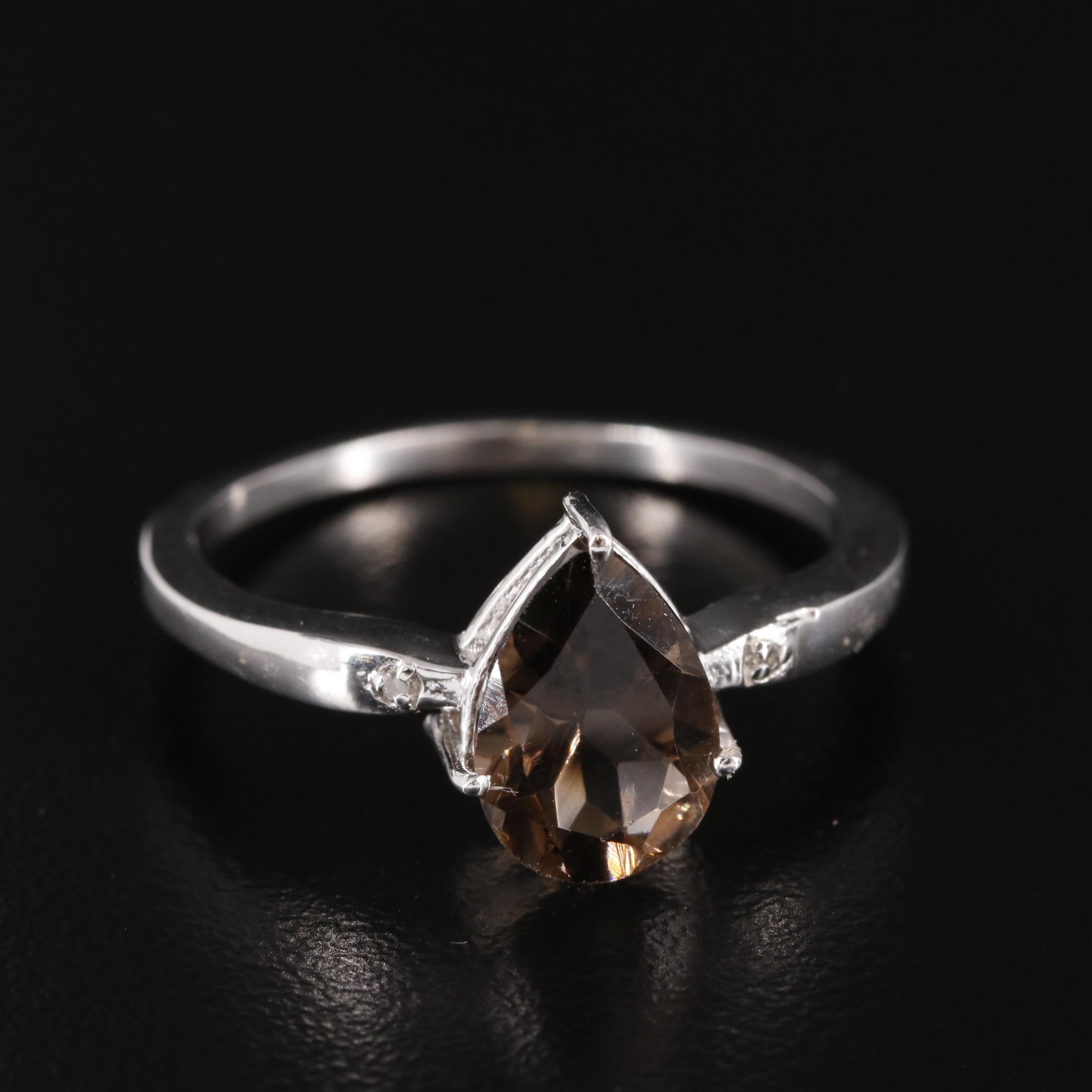 Sterling Smoky Quartz Ring with Diamond Accents