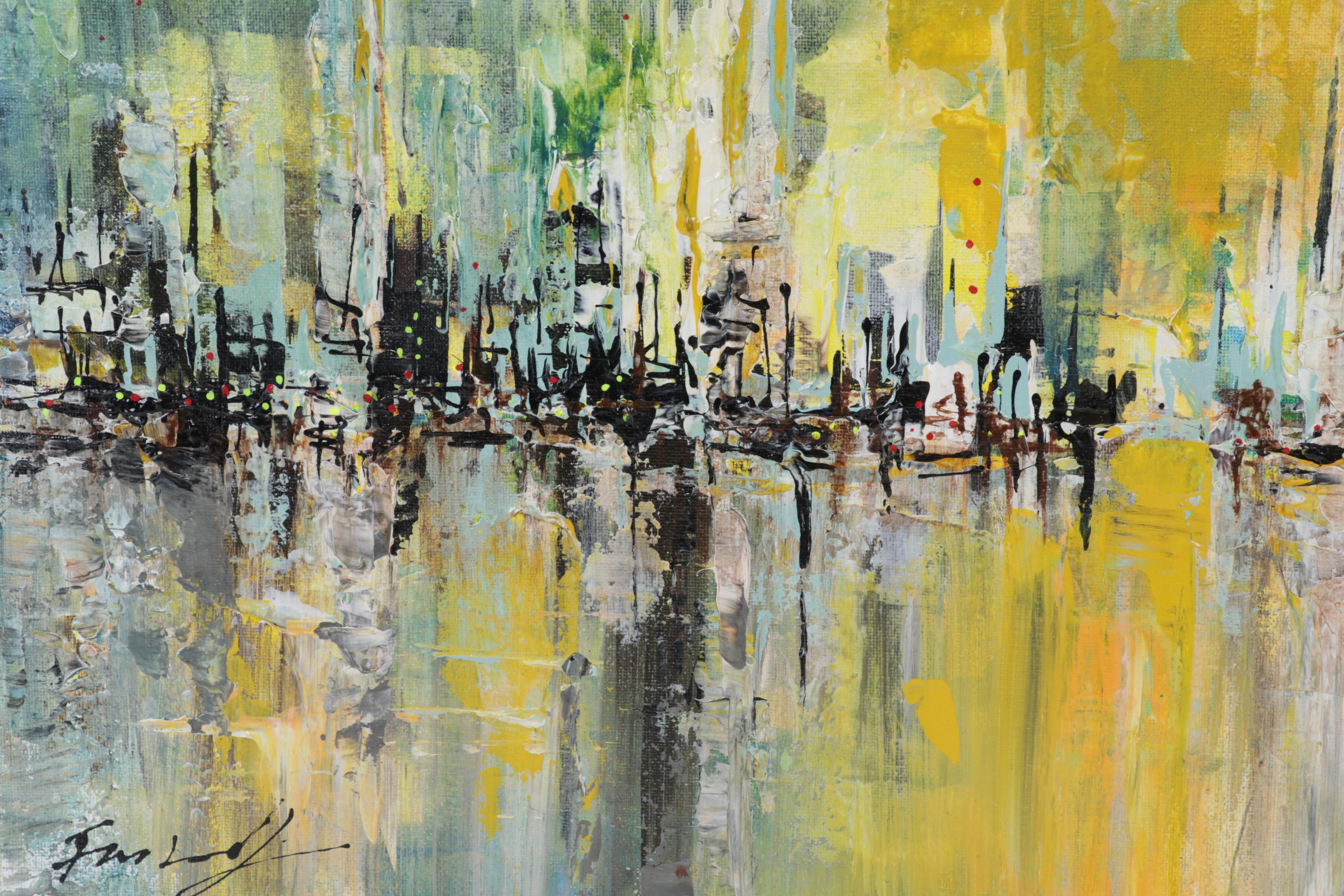 Farshad Lanjani Abstract Acrylic Painting of Coastal City Sunrise