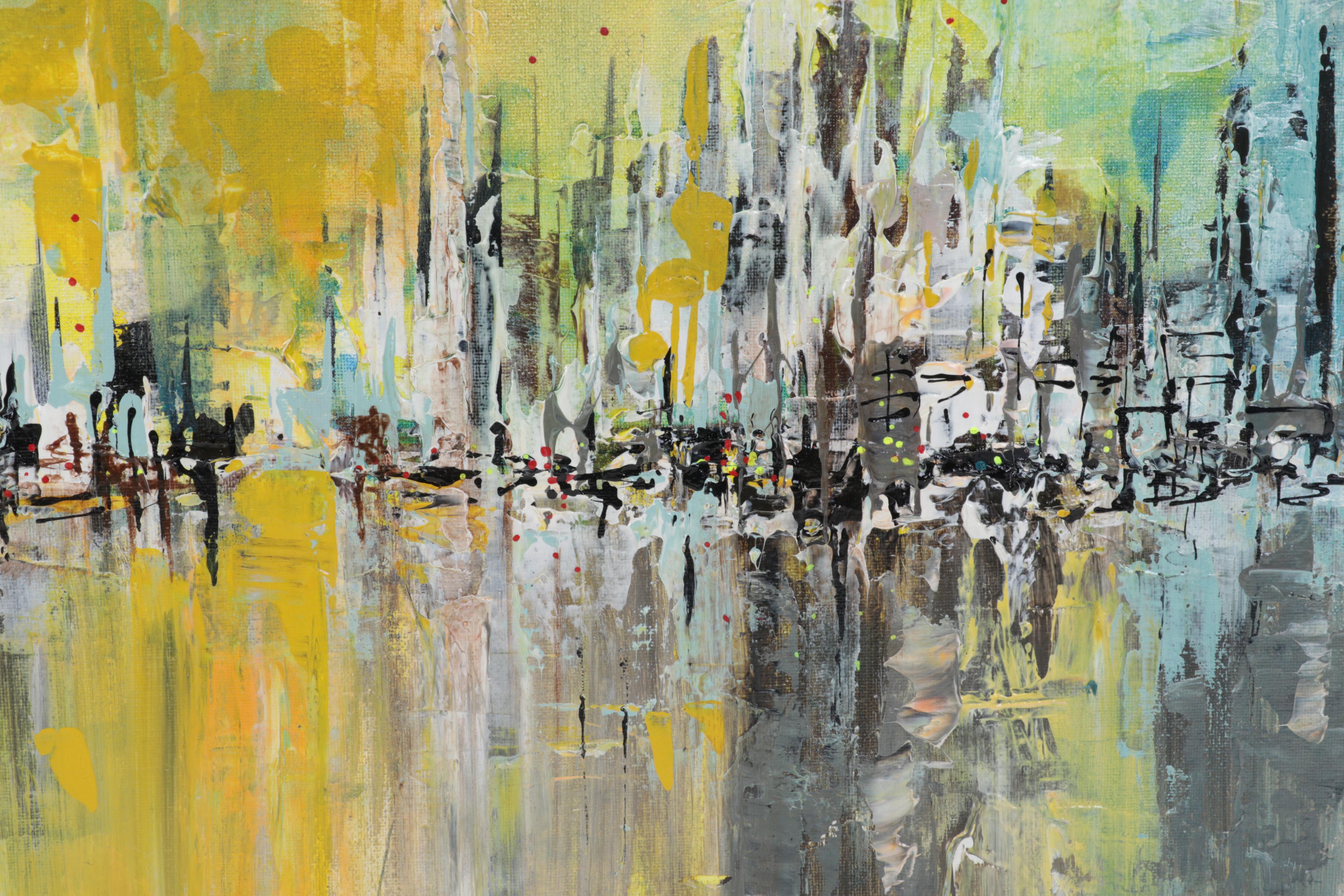 Farshad Lanjani Abstract Acrylic Painting of Coastal City Sunrise
