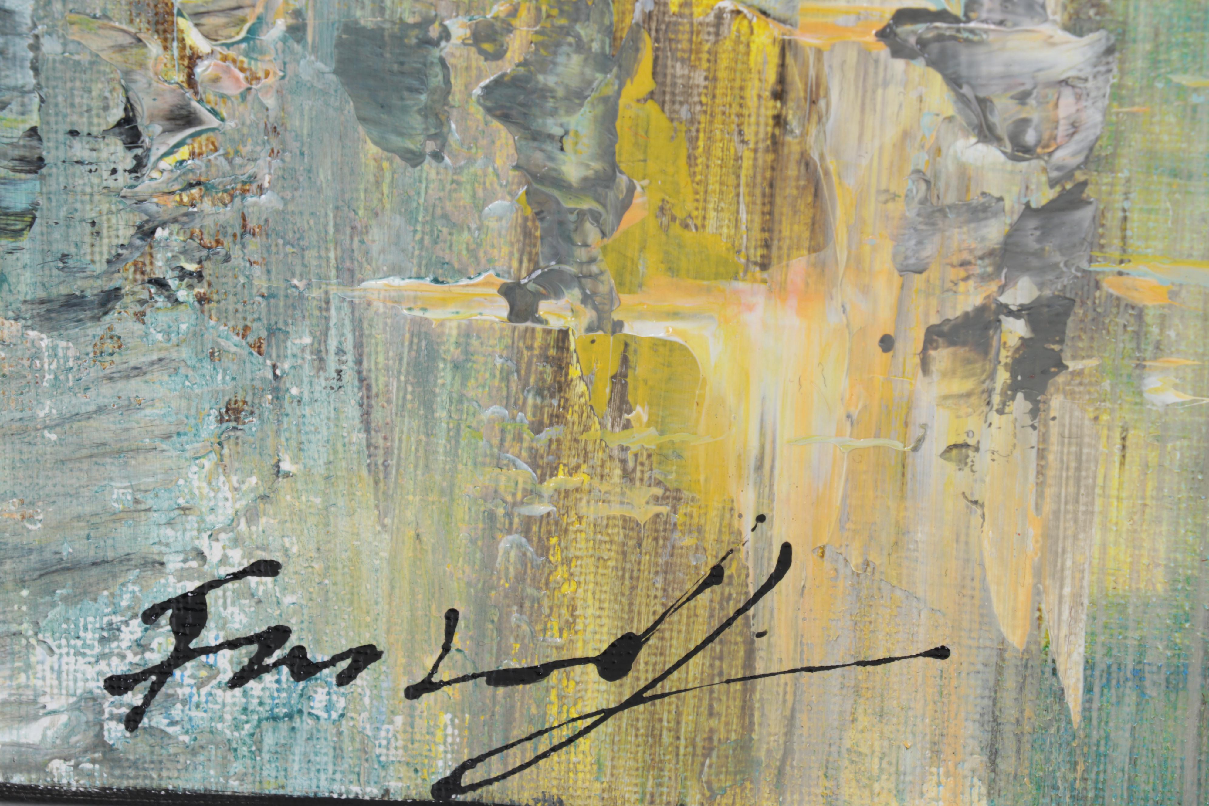 Farshad Lanjani Abstract Acrylic Painting of Coastal City Sunrise