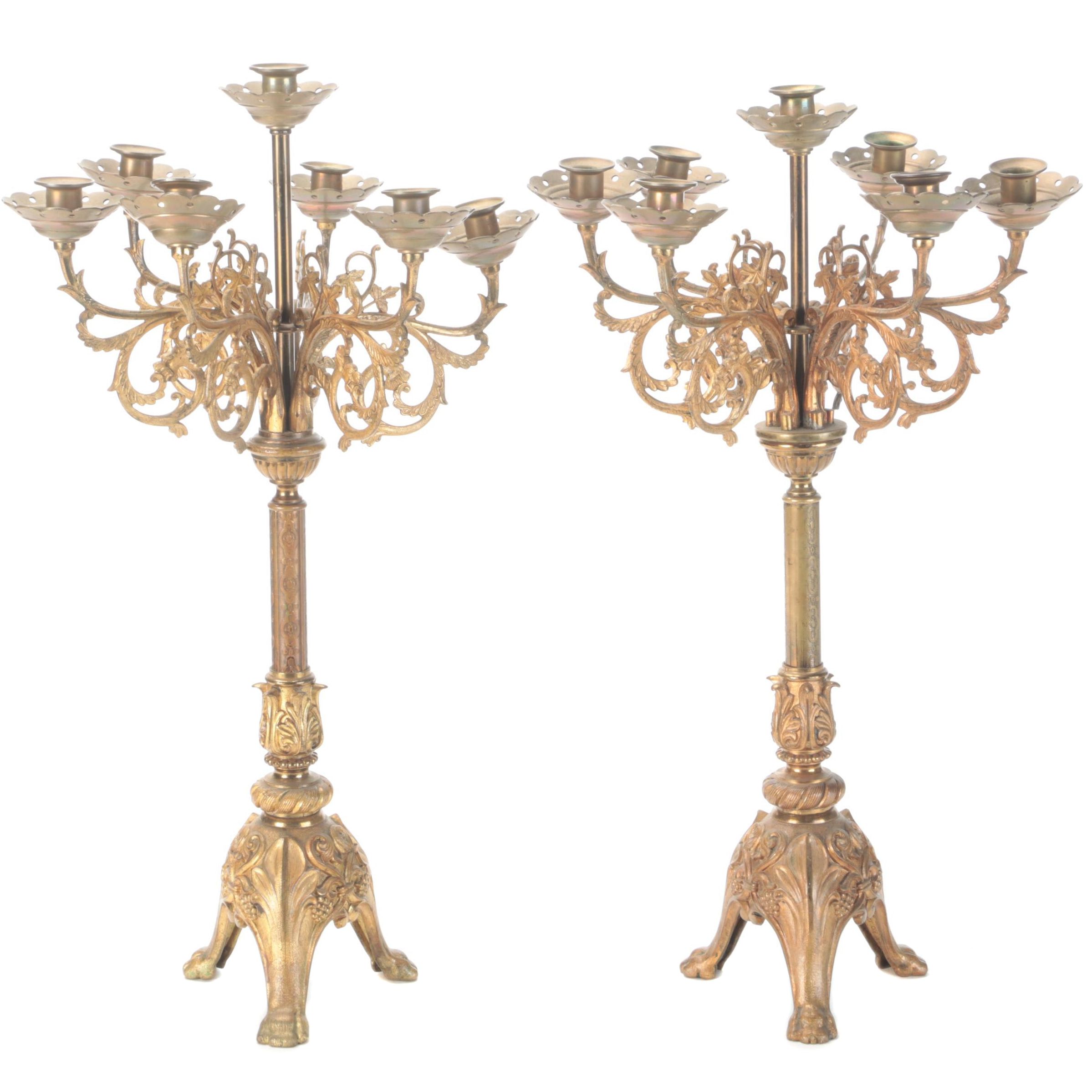 Pair of Cast Brass and Metal Seven-Arm Candelabra, Early to Mid-20th C