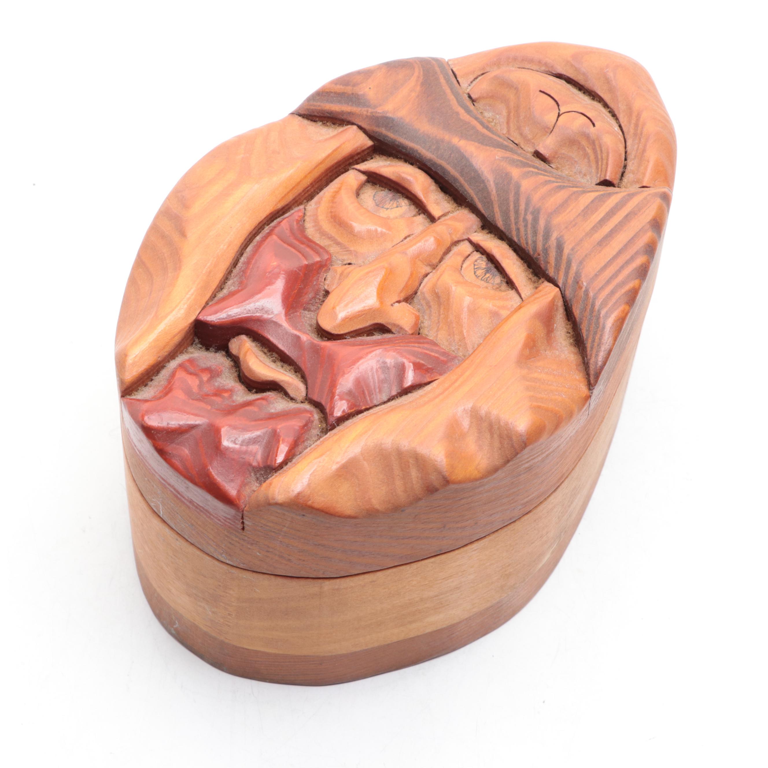 Artist Signed Hand-Carved Wood Box of Man's Face