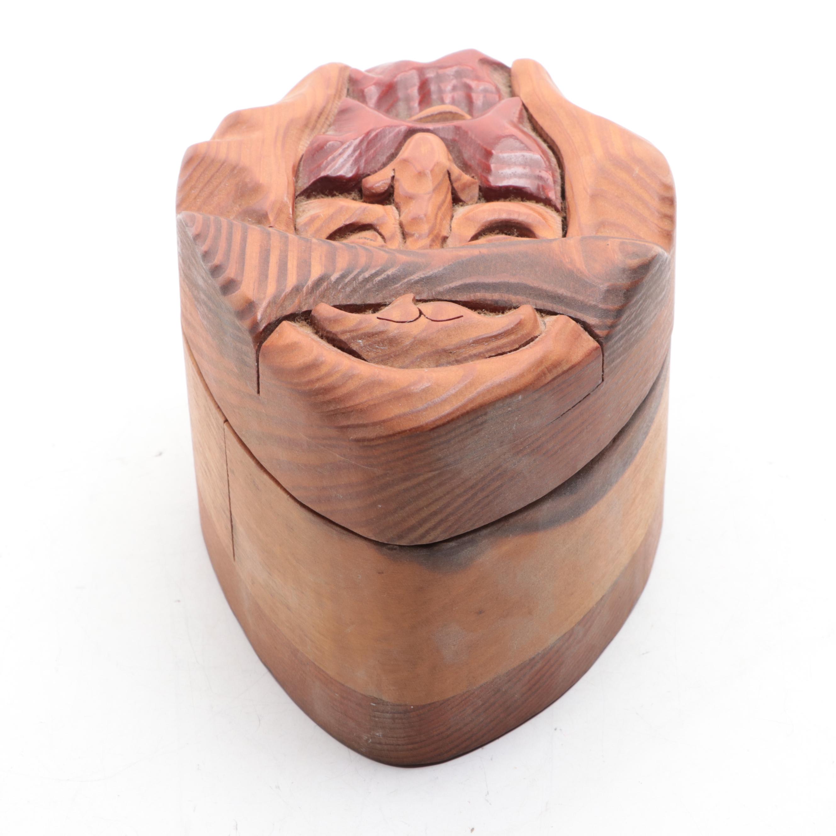Artist Signed Hand-Carved Wood Box of Man's Face